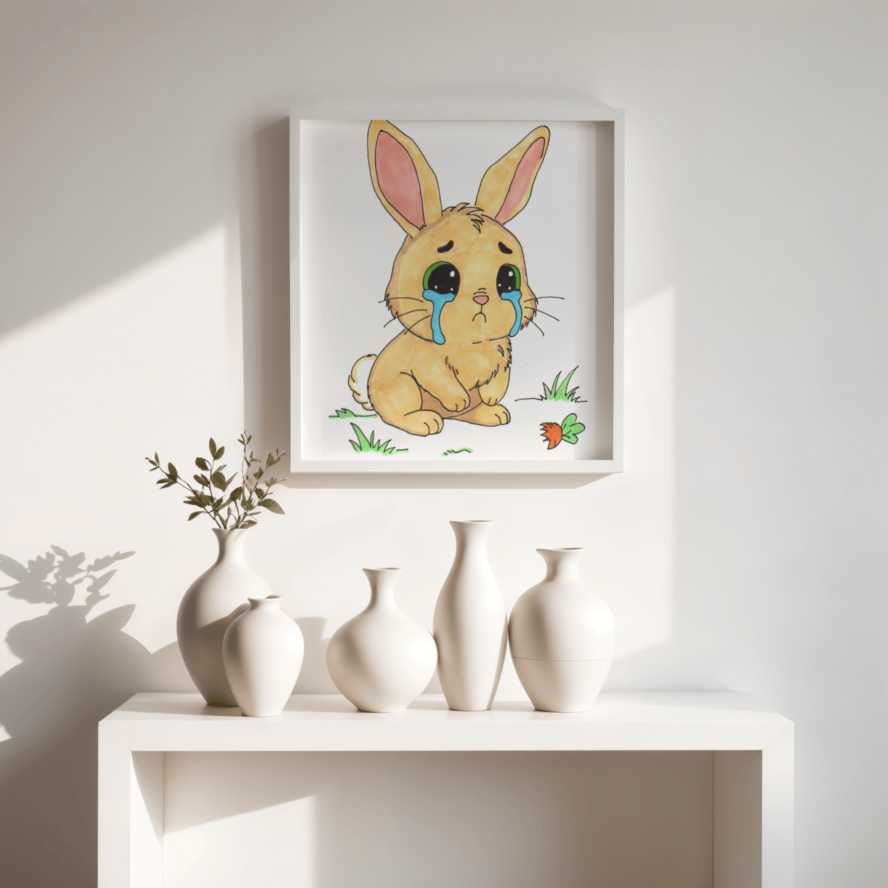 Sad Rabbit ate her last carrot, Poster, Nursery Wall Art, Cute Animal Illustration Print
