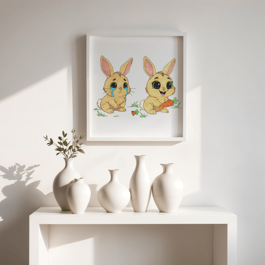 Sad to Happy Rabbit Carrot Story Print, Cute Bunny Wall Art, Hand Drawn Nursery Decor