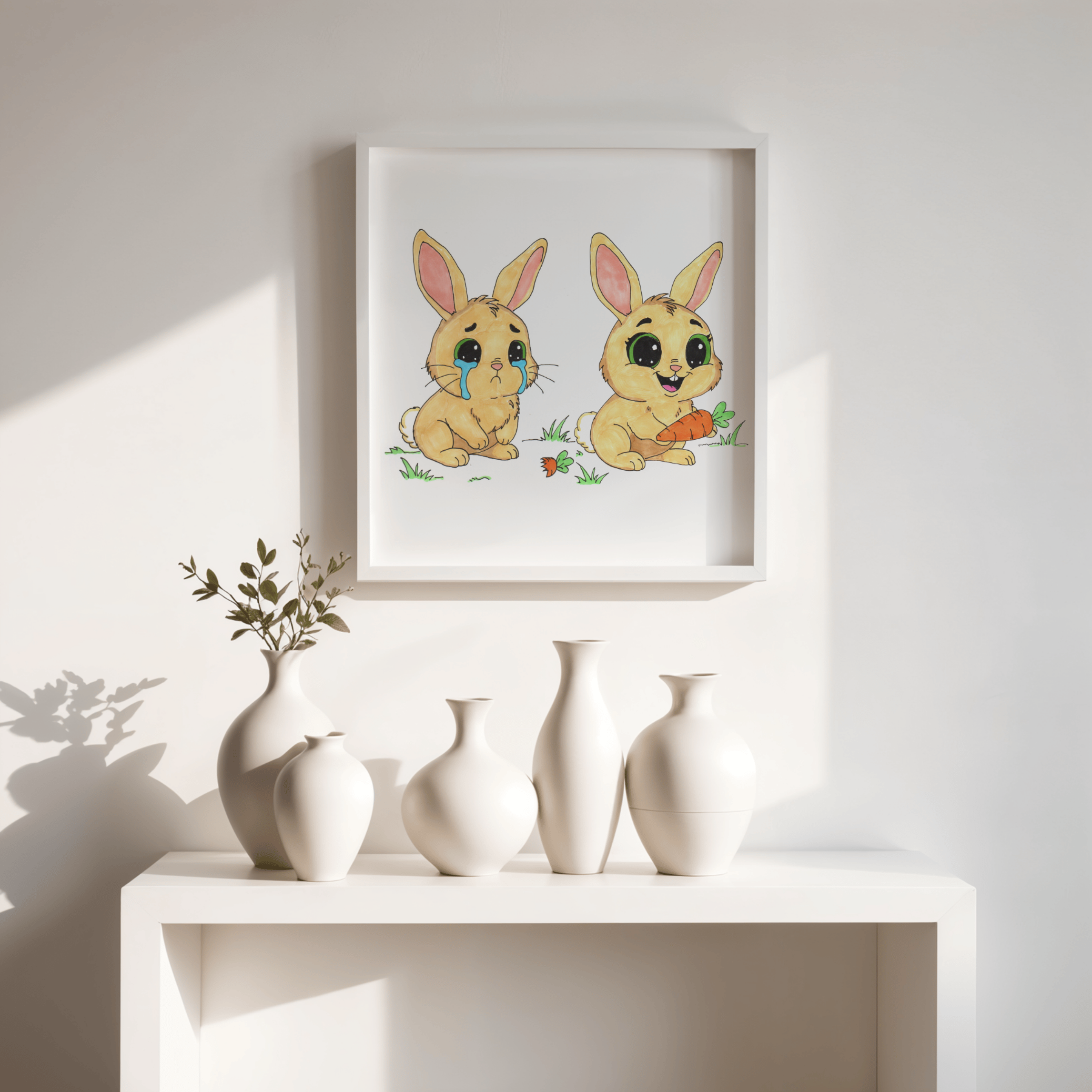 Sad to Happy Rabbit Carrot Story Print, Cute Bunny Wall Art, Hand Drawn Nursery Decor