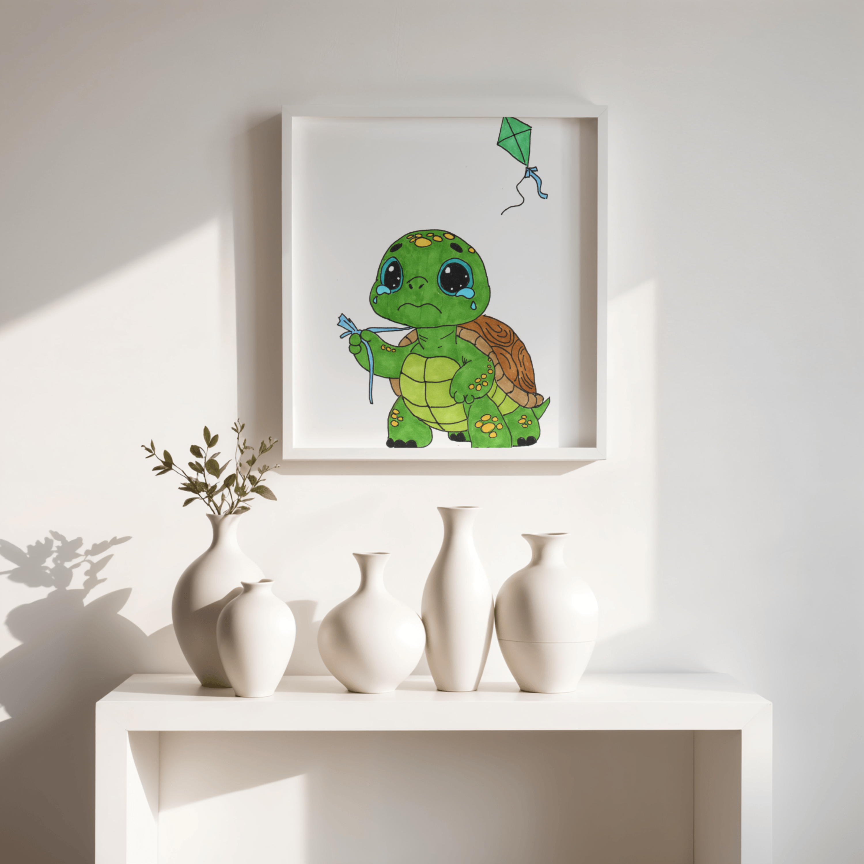Sad Turtle Lost Her Kite Print, Hand Drawn Turtle Wall Art, Whimsical Nursery Decor, Woodland Animal Illustration