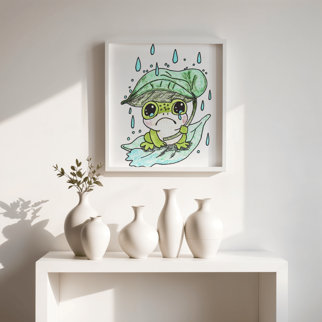 Sad Frog with Leaf Umbrella Print, Hand Drawn Frog Wall Art, Rainy Day Nursery Decor, Whimsical Frog Illustration