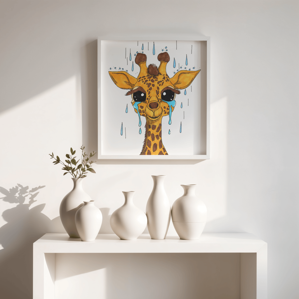 Sad Giraffe in the Rain Poster, Nursery Wall Art, Cute Animal Illustration Print