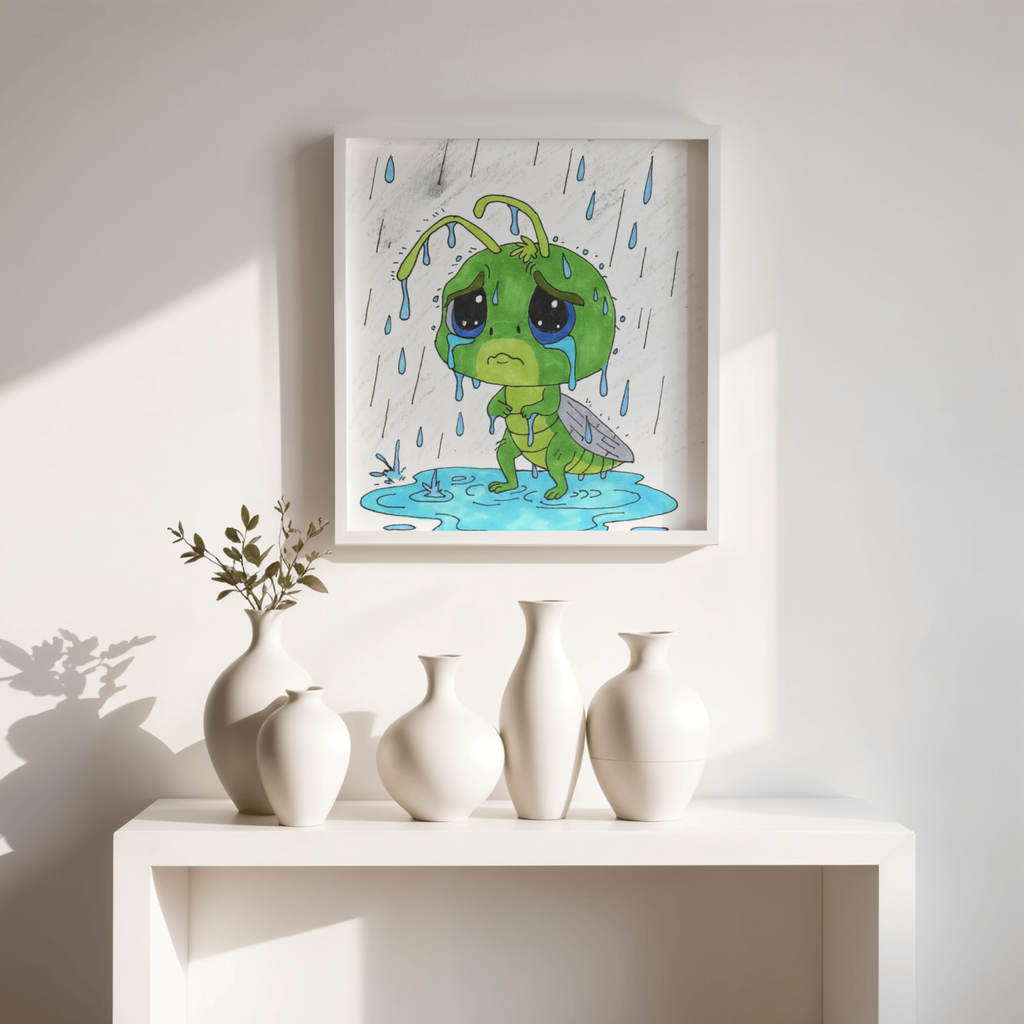 Sad Grasshopper Rain Print | Hand Drawn Nature Wall Art | Emotional Insect Illustration | Whimsical Woodland Decor | 8x10 Art Print | 8 X 10