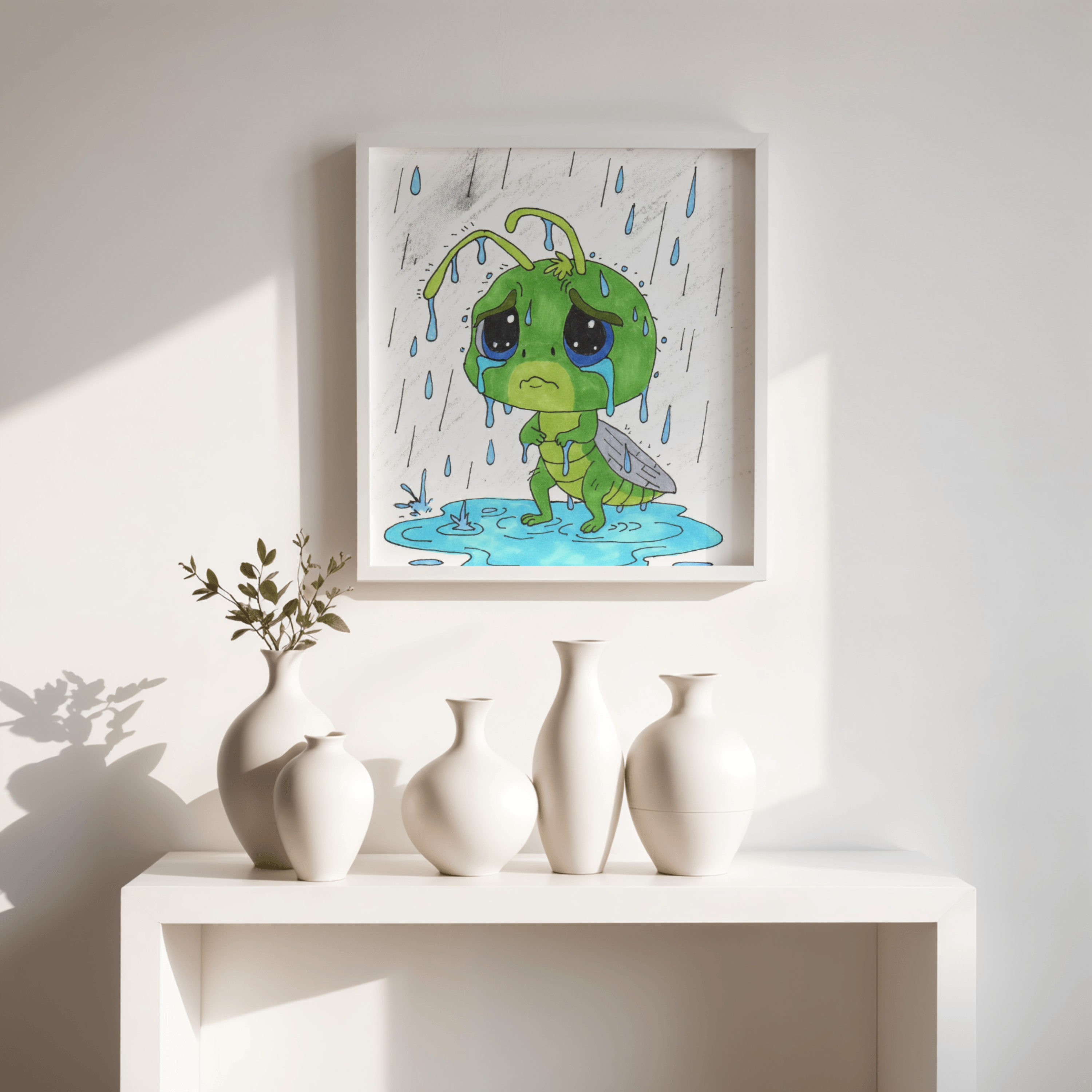 Sad Grasshopper Rain Print | Hand Drawn Nature Wall Art | Emotional Insect Illustration | Whimsical Woodland Decor | 8x10 Art Print | 8 X 10