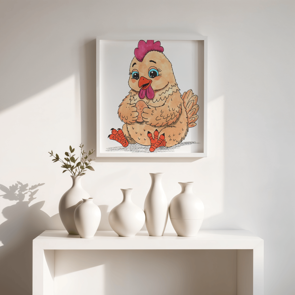 Hen Found Her Egg Print, Hand Drawn Chicken Wall Art, Farm Animal Nursery Decor, Happy Hen Illustration