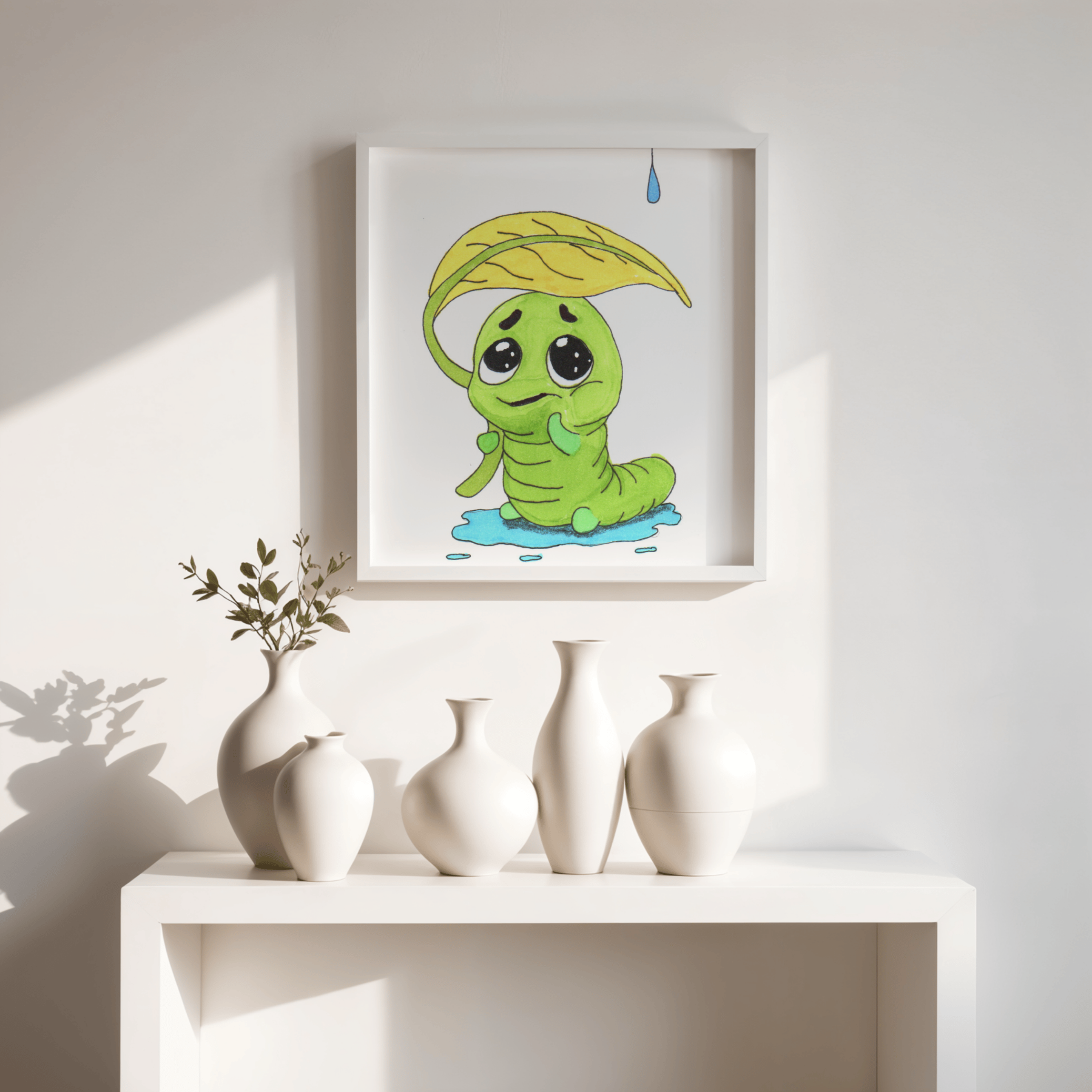 Leaf Umbrella Inchworm Pondering Print, Hand Drawn Rain Critter Art,
