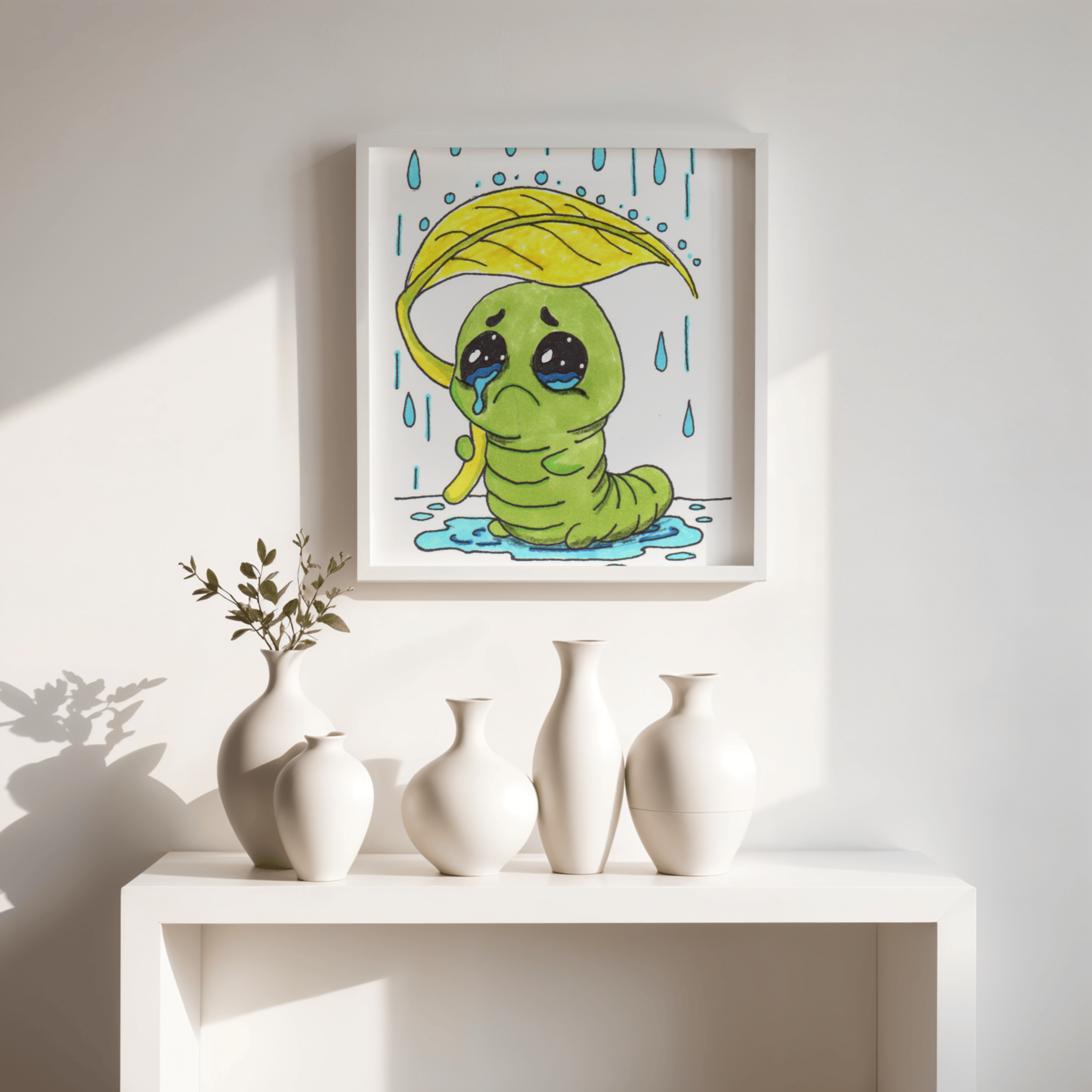 Sad Inchworm Rain Print, Hand Drawn Caterpillar Nursery Wall Art