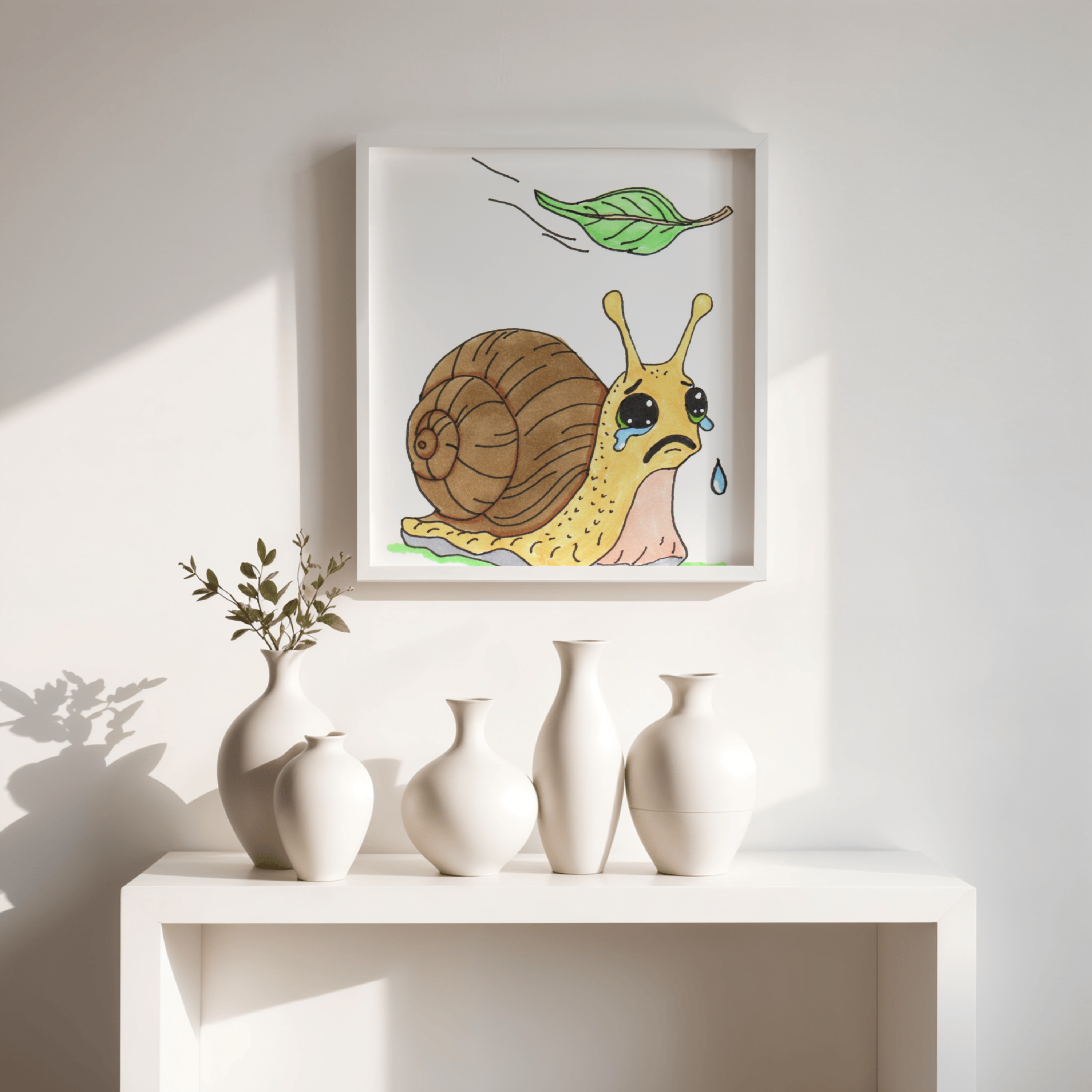 Sad Snail Lost Her Leaf Print, Hand Drawn Snail Wall Art, Whimsical Garden Decor, Cute Nature Illustration, Lost & Found Critter