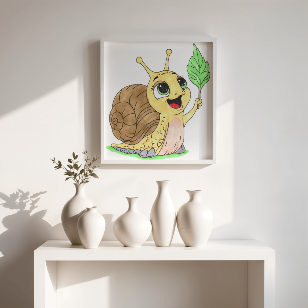 Happy Snail Found Her Leaf Print, Hand Drawn Snail Wall Art, Cute Garden Decor, Whimsical Nature Illustration, Lost & Found Critter