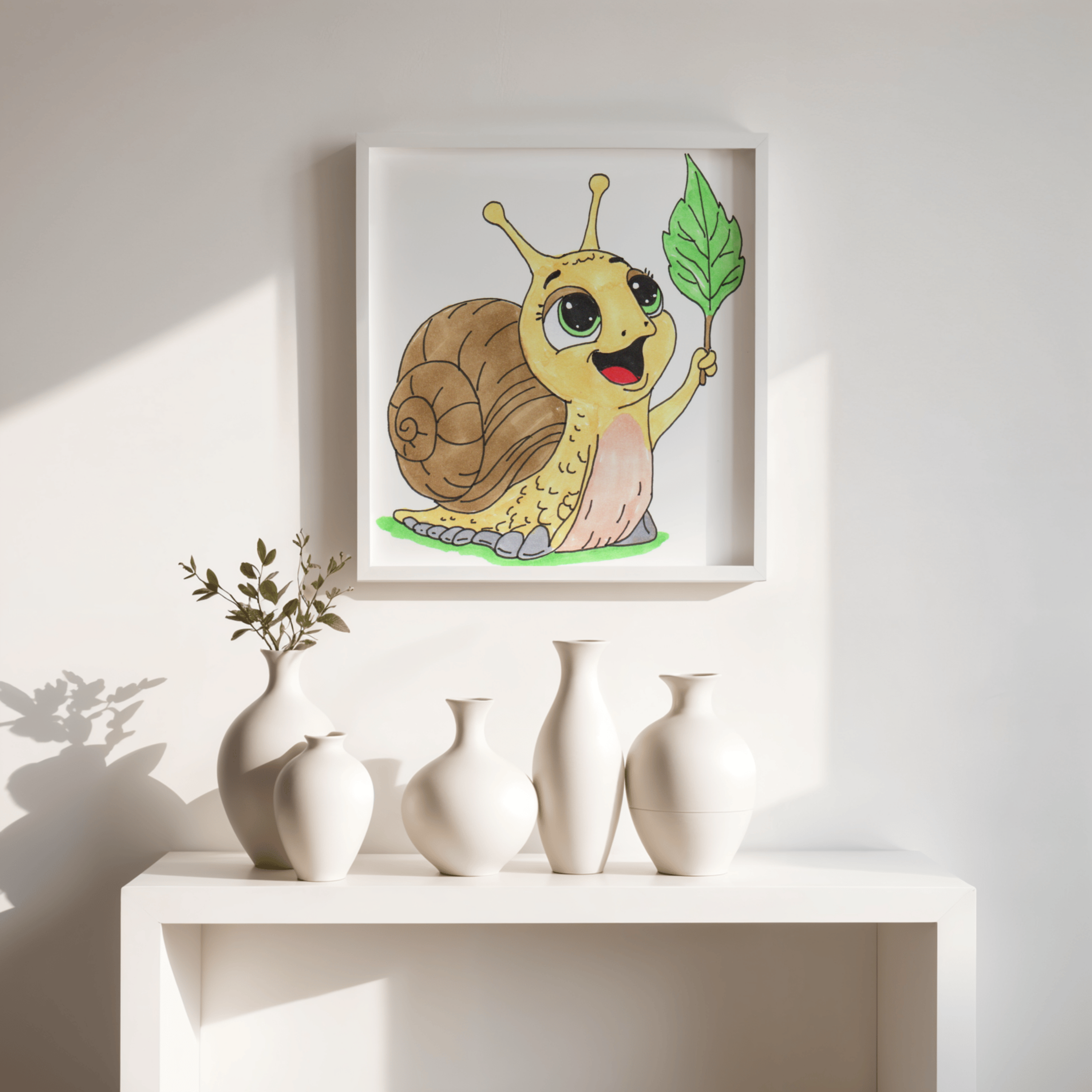 Happy Snail Found Her Leaf Print, Hand Drawn Snail Wall Art, Cute Garden Decor, Whimsical Nature Illustration, Lost & Found Critter