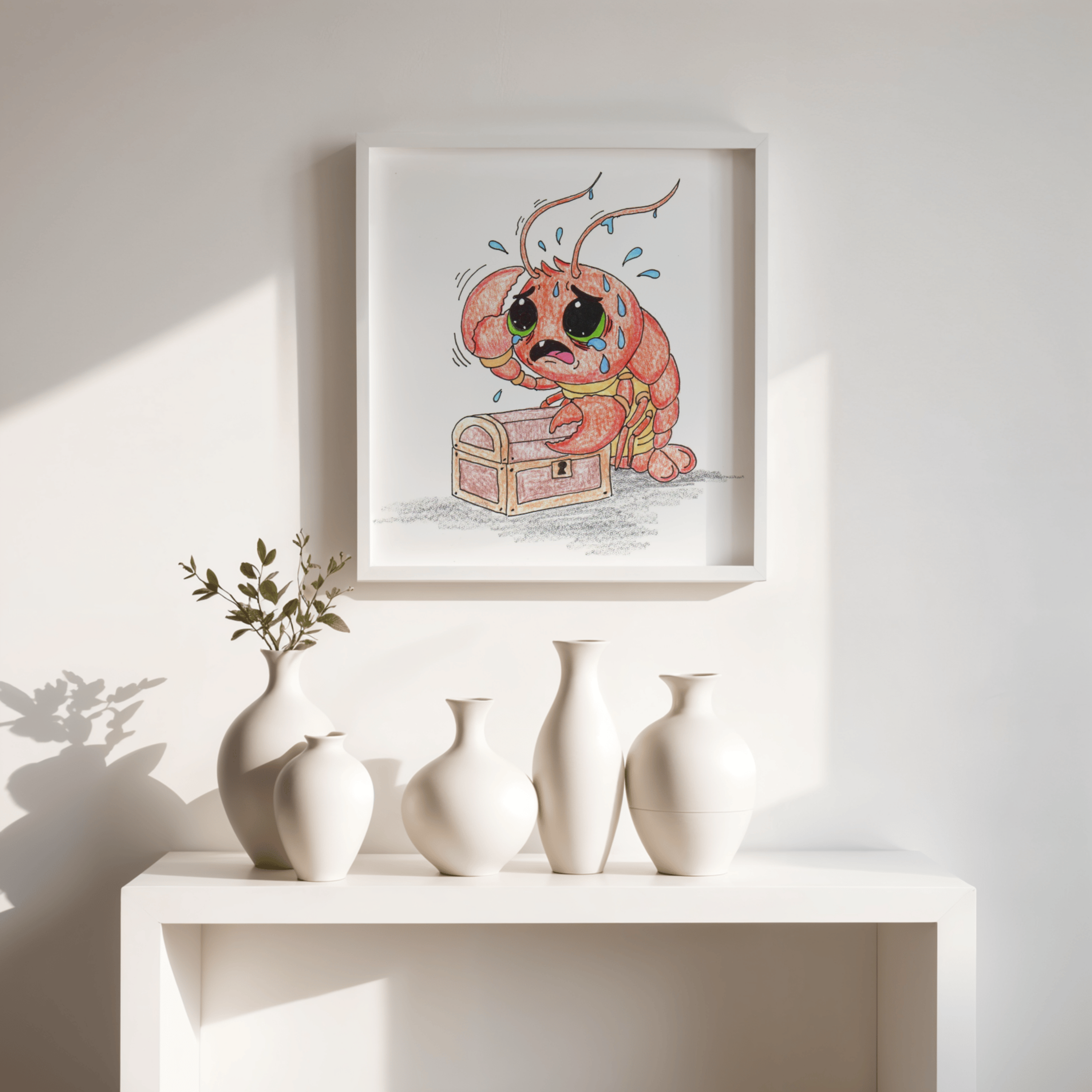 Lobster Lost Her Treasure Key Print, Hand Drawn Nursery Wall Art, Cute Ocean Critter Illustration, Lost & Found Critters Decor