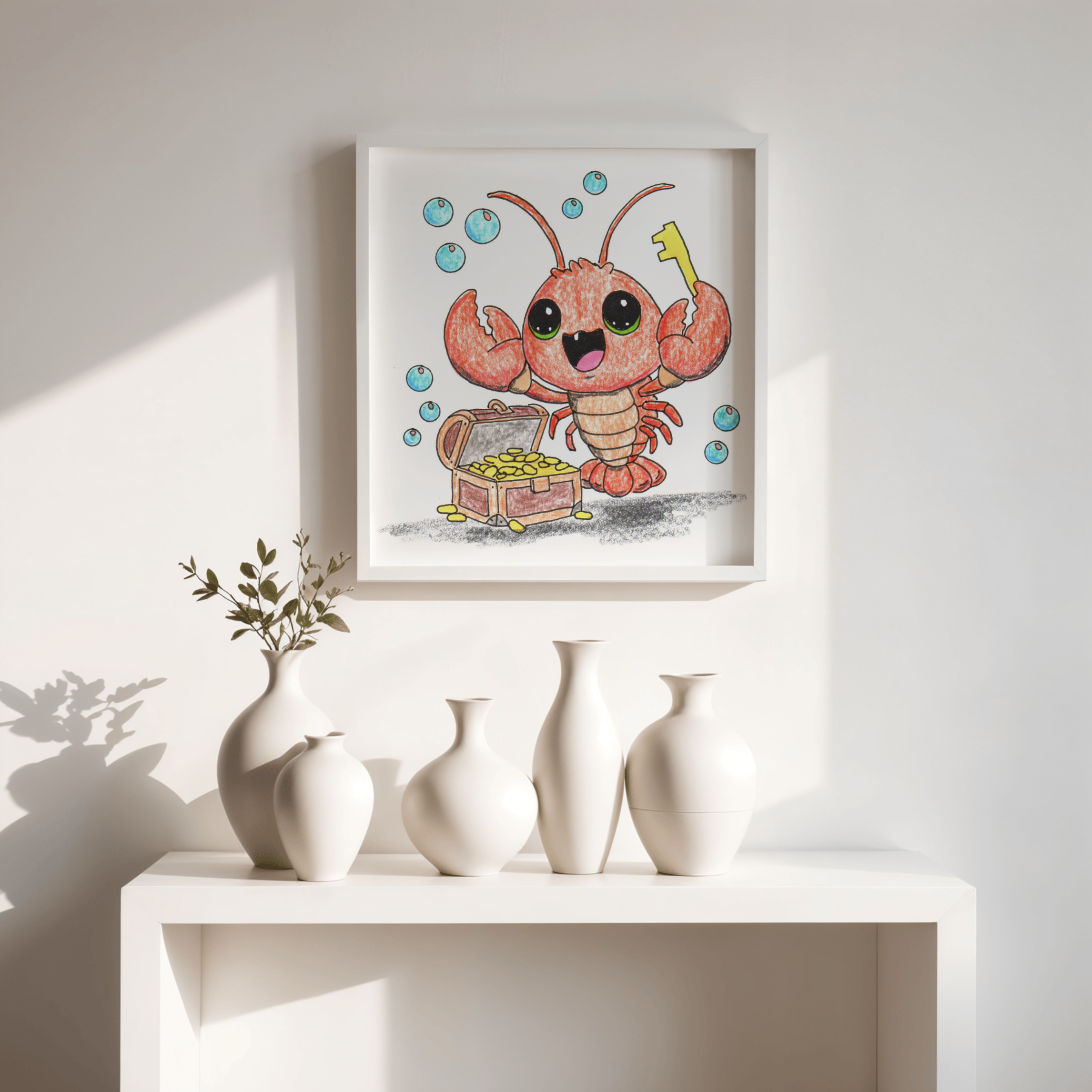 Lobster Found Her Treasure Key Print, Cute Lobster Illustration, Lost & Found Critters Decor
