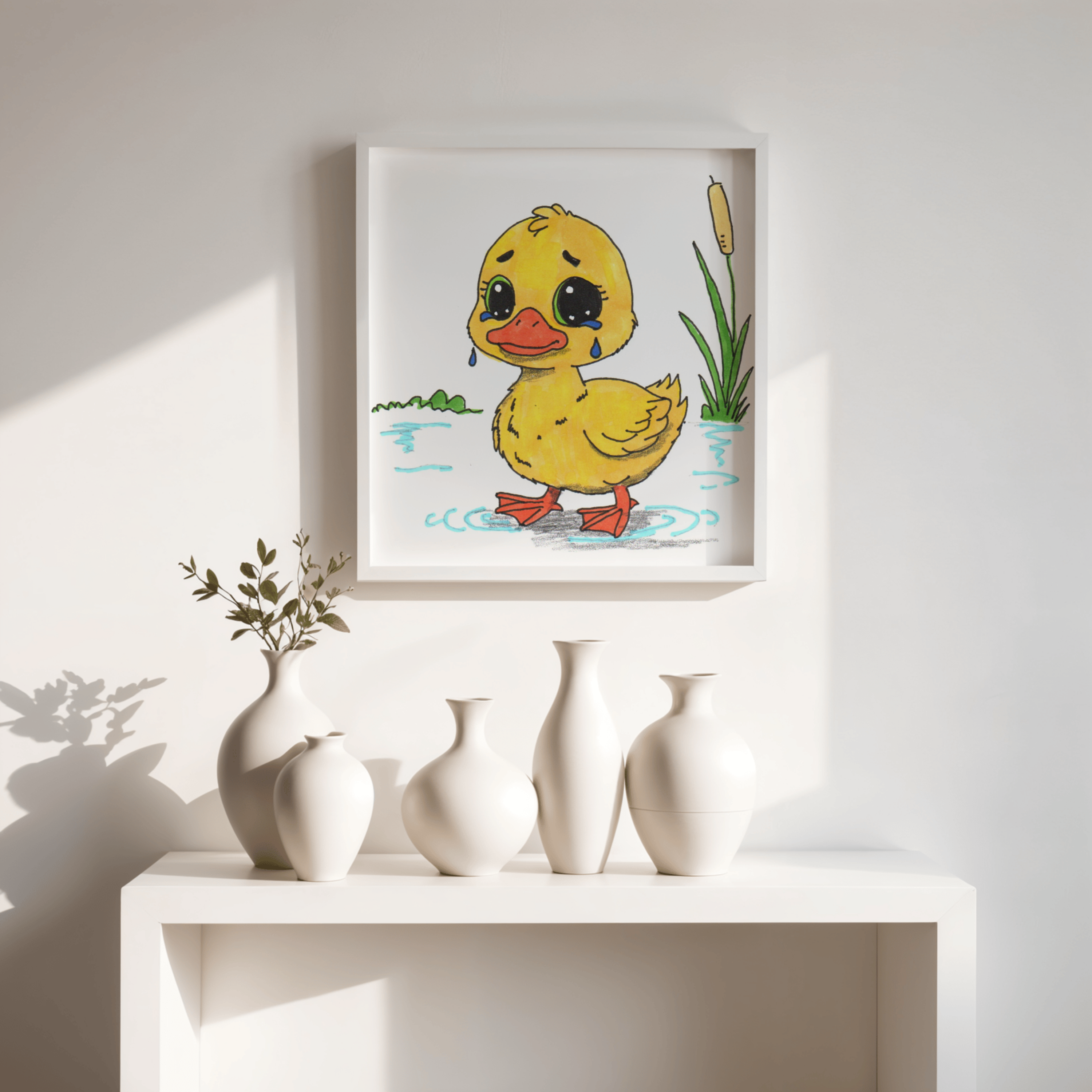 Sad Duckling Lost Her Mama Art Print | Hand Drawn Duckling Wall Decor | Emotional Animal Artwork
