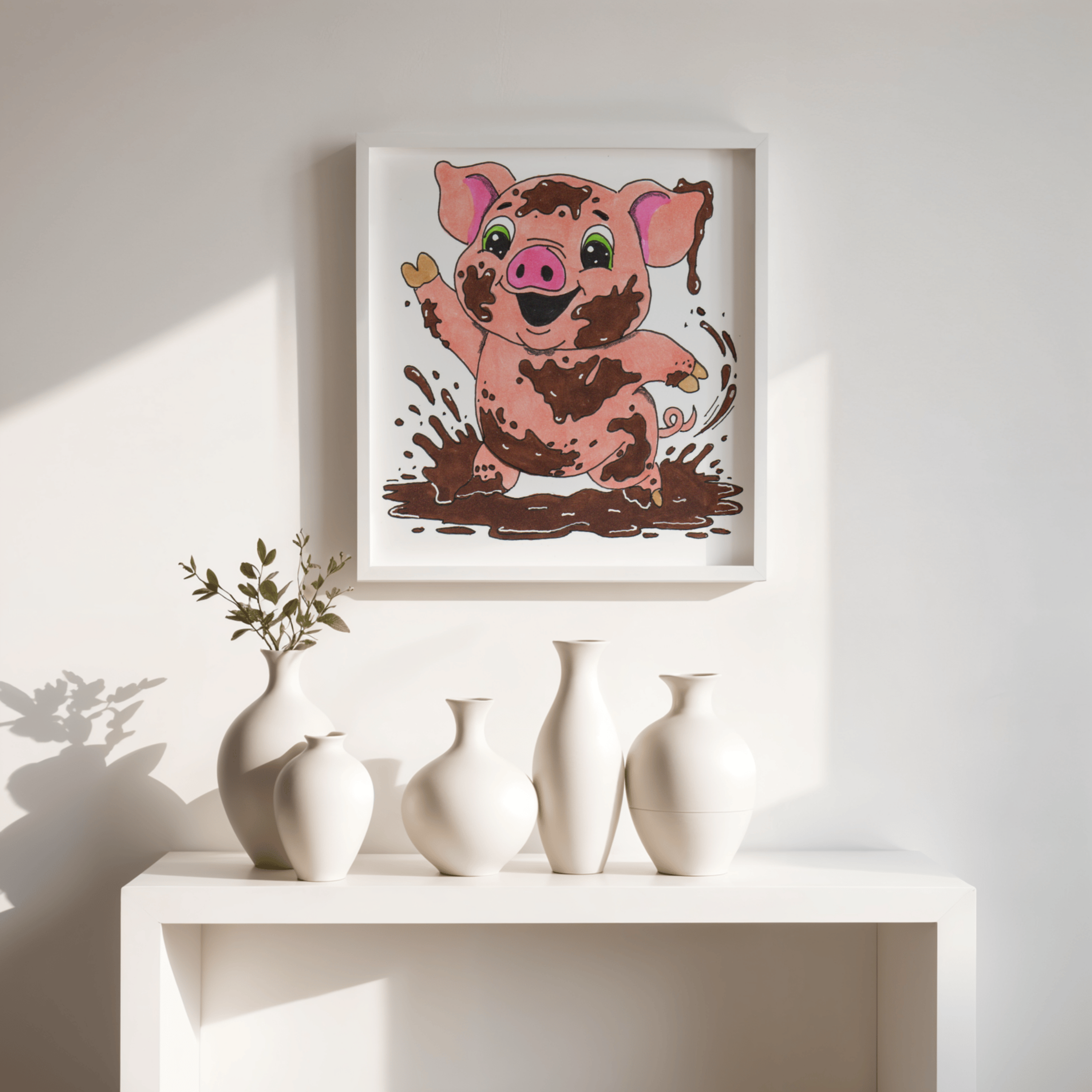 Hand Drawn Pig Found Mud Print, Cute Farm Animal Wall Art, Happy Pig Illustration, Nursery Decor, 8x10 Children's Room Art