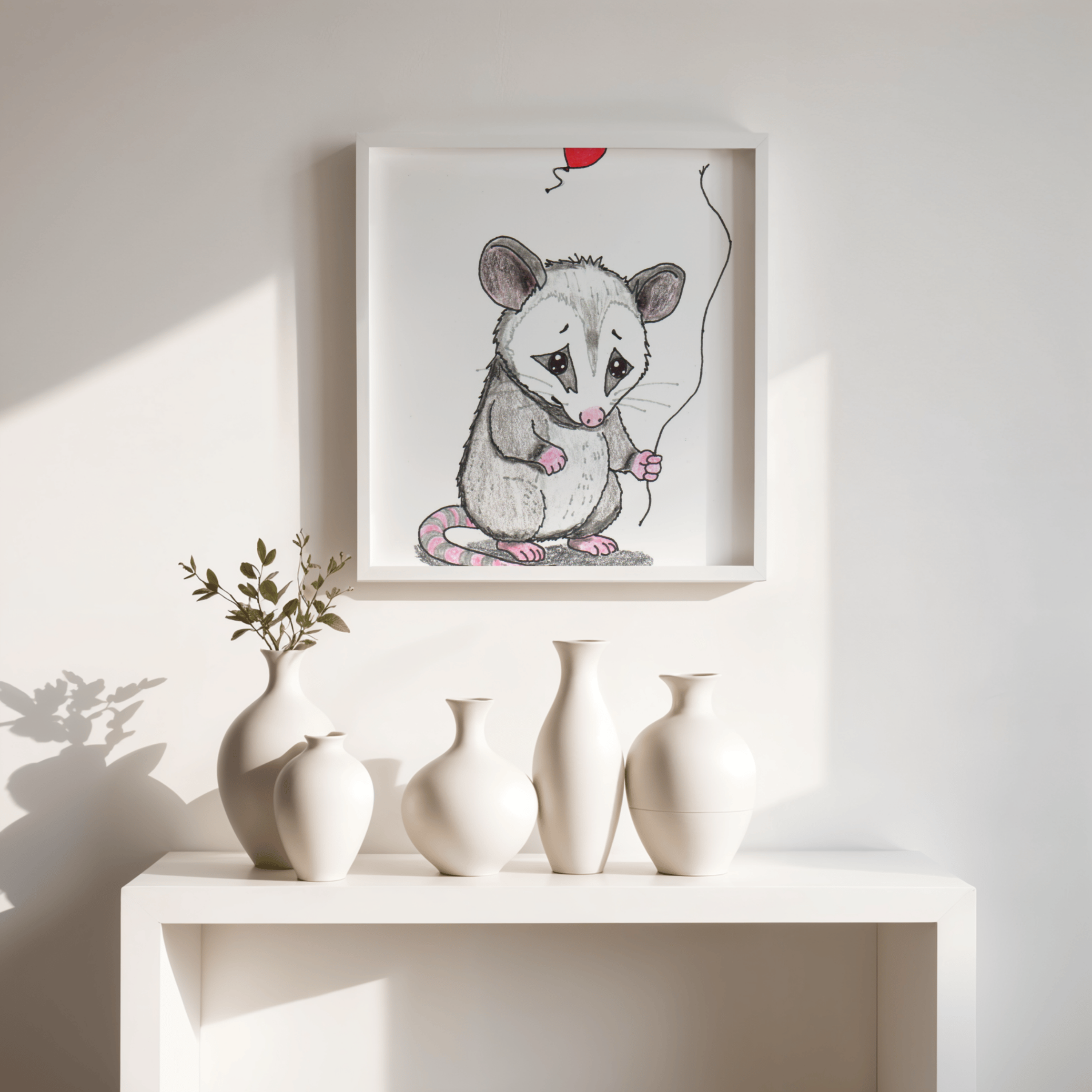 Opossum Lost Her Balloon Print | Hand Drawn Woodland Animal Wall Art