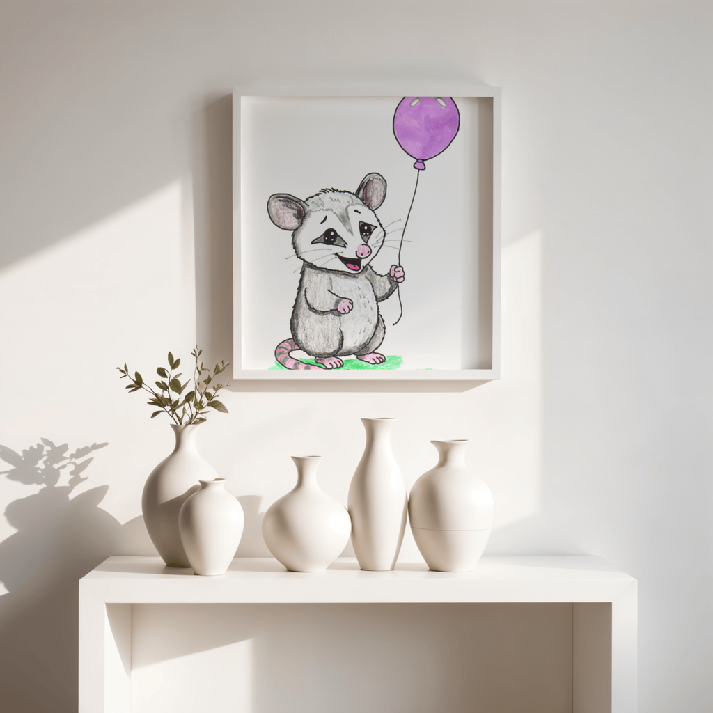 Opossum Found a Balloon Print | Hand Drawn Woodland Animal Wall Art