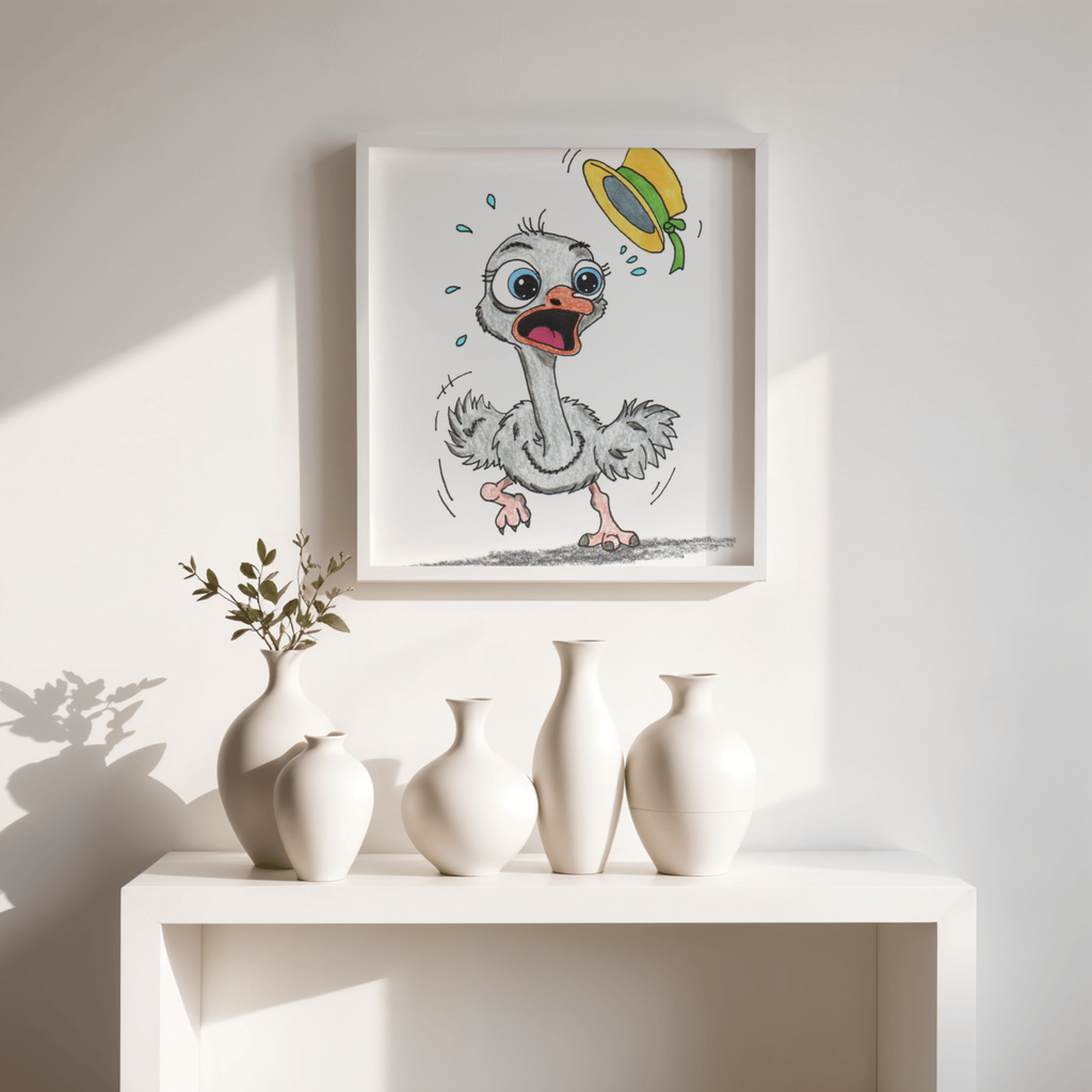 Lost Hat Ostrich Print | Funny Bird Wall Art | Hand Drawn Ostrich Illustration