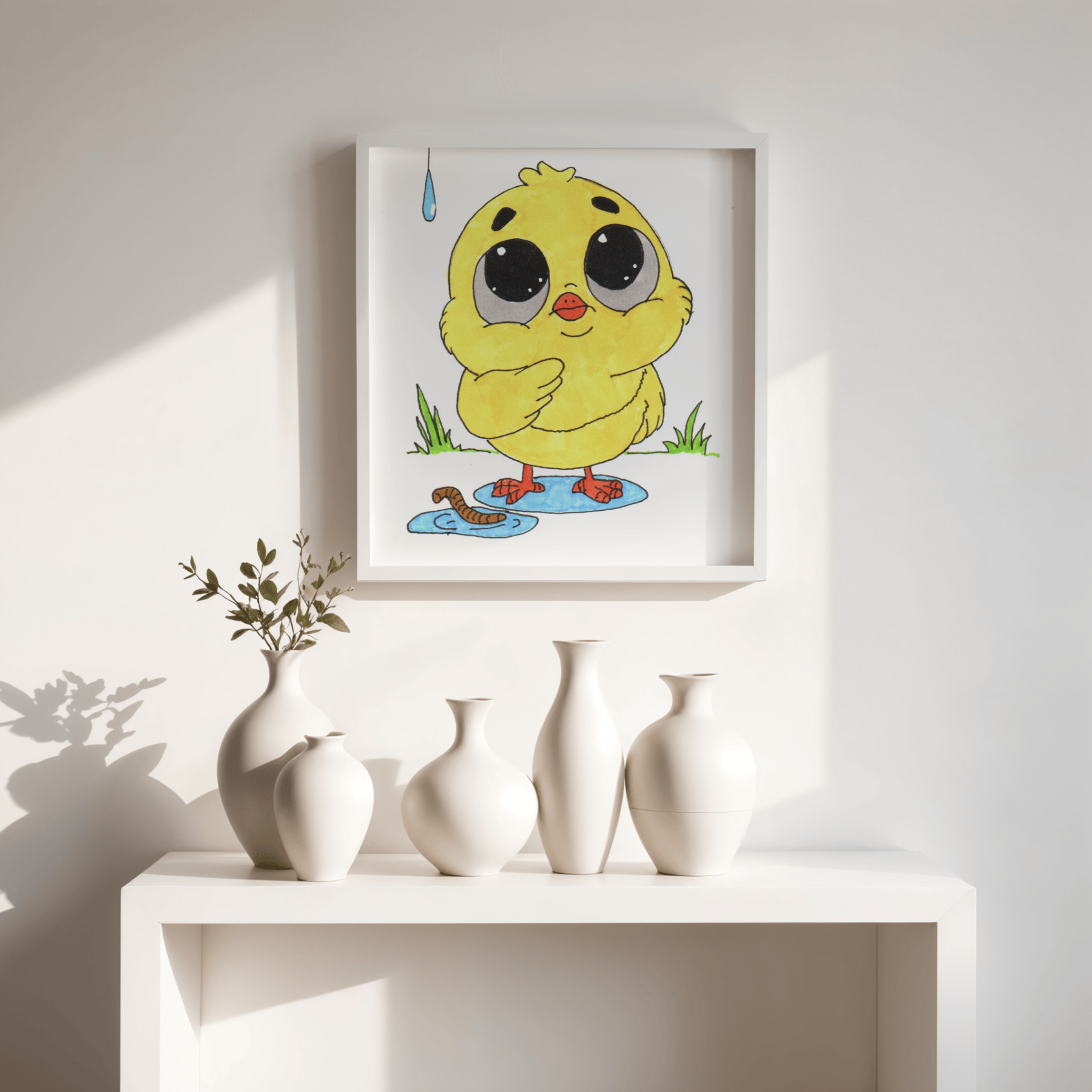 Pondering Chick in the Rain Poster, Nursery Wall Art, Cute Animal Illustration Print