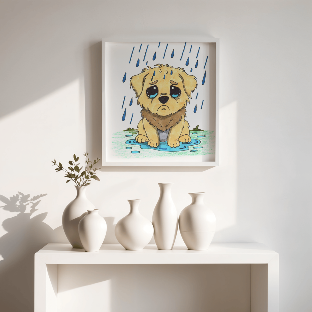 Sad Puppy in the Rain Art Print | Hand Drawn Puppy Wall Decor | Emotional Animal Artwork | Lost & Found Critter Poster