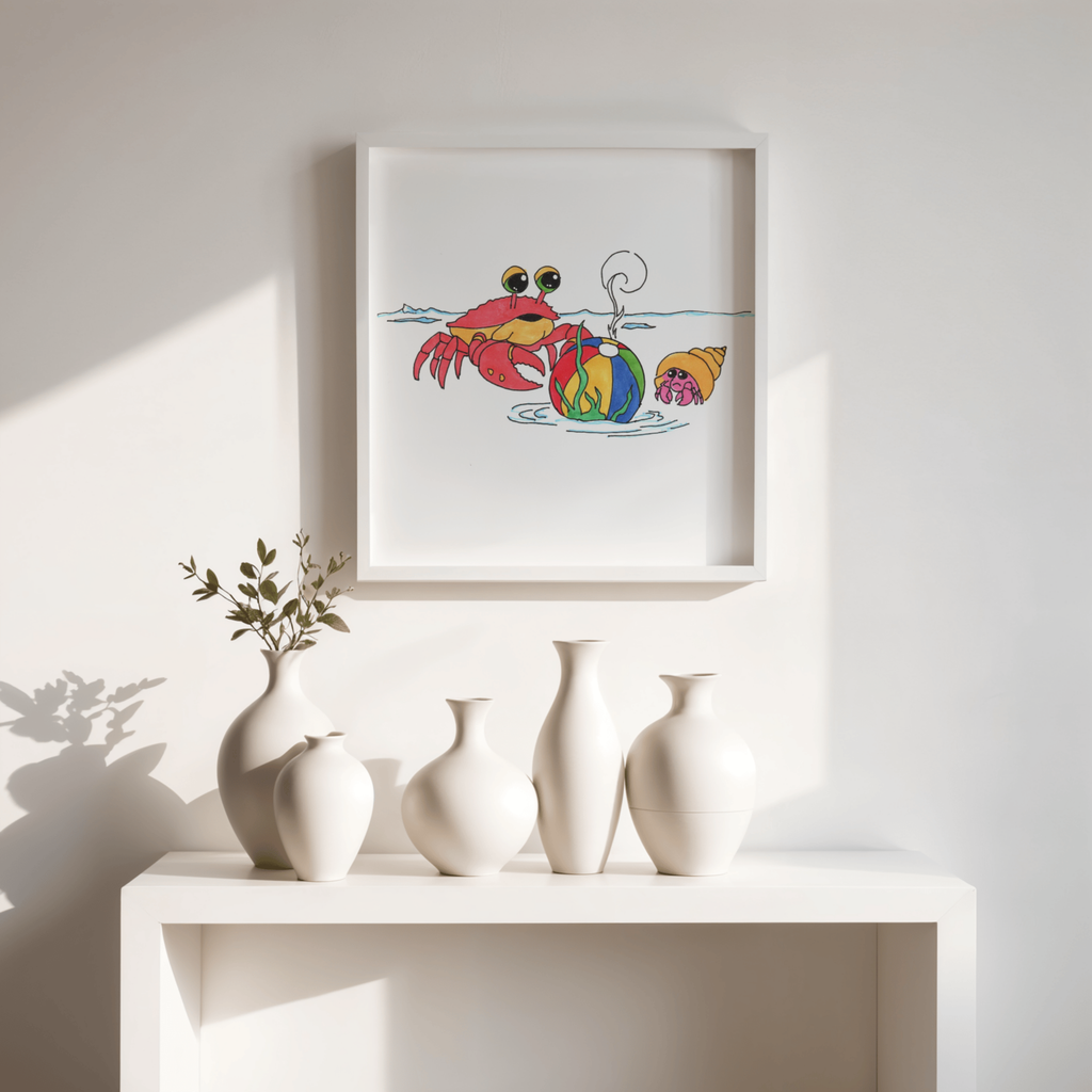 Crab - Recovered But at What Cost Print, Hand Drawn Crab Beach Art, Ocean Story Illustration, Coastal Nursery Decor