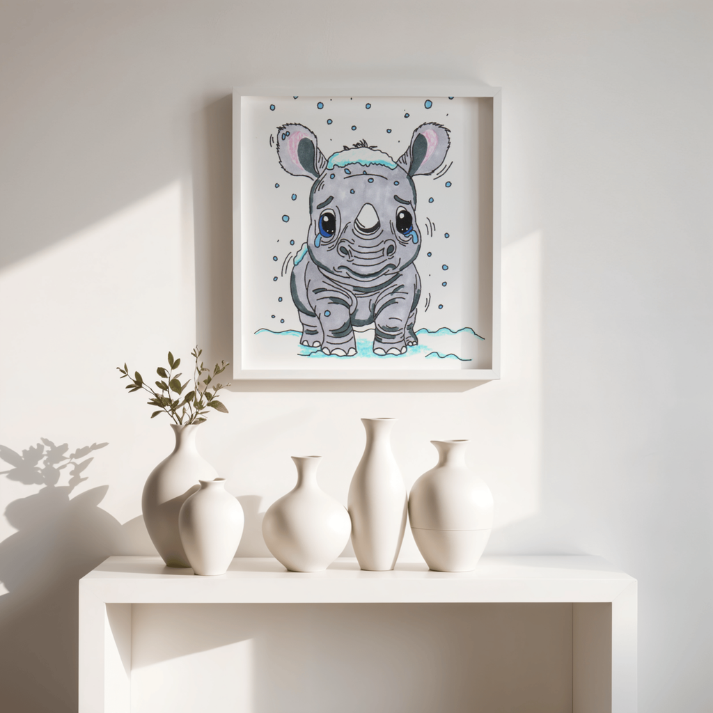 Sad Rhino in the Snow Poster, Nursery Wall Art, Cute Animal Illustration Print
