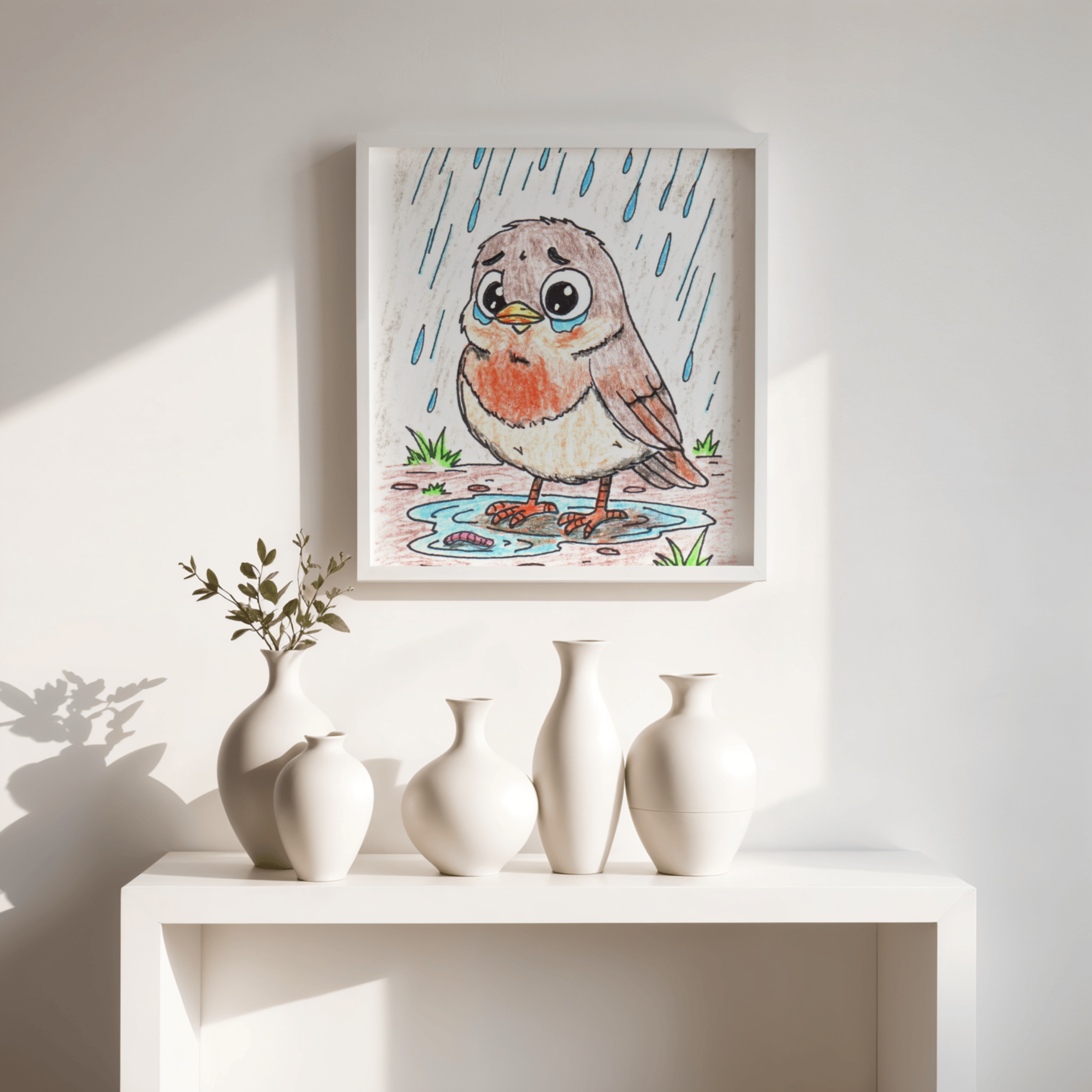 Robin in the Rain Print, Hand Drawn Bird Wall Art, Sad Robin Illustration, Woodland Bird Decor, Nature Nursery Art