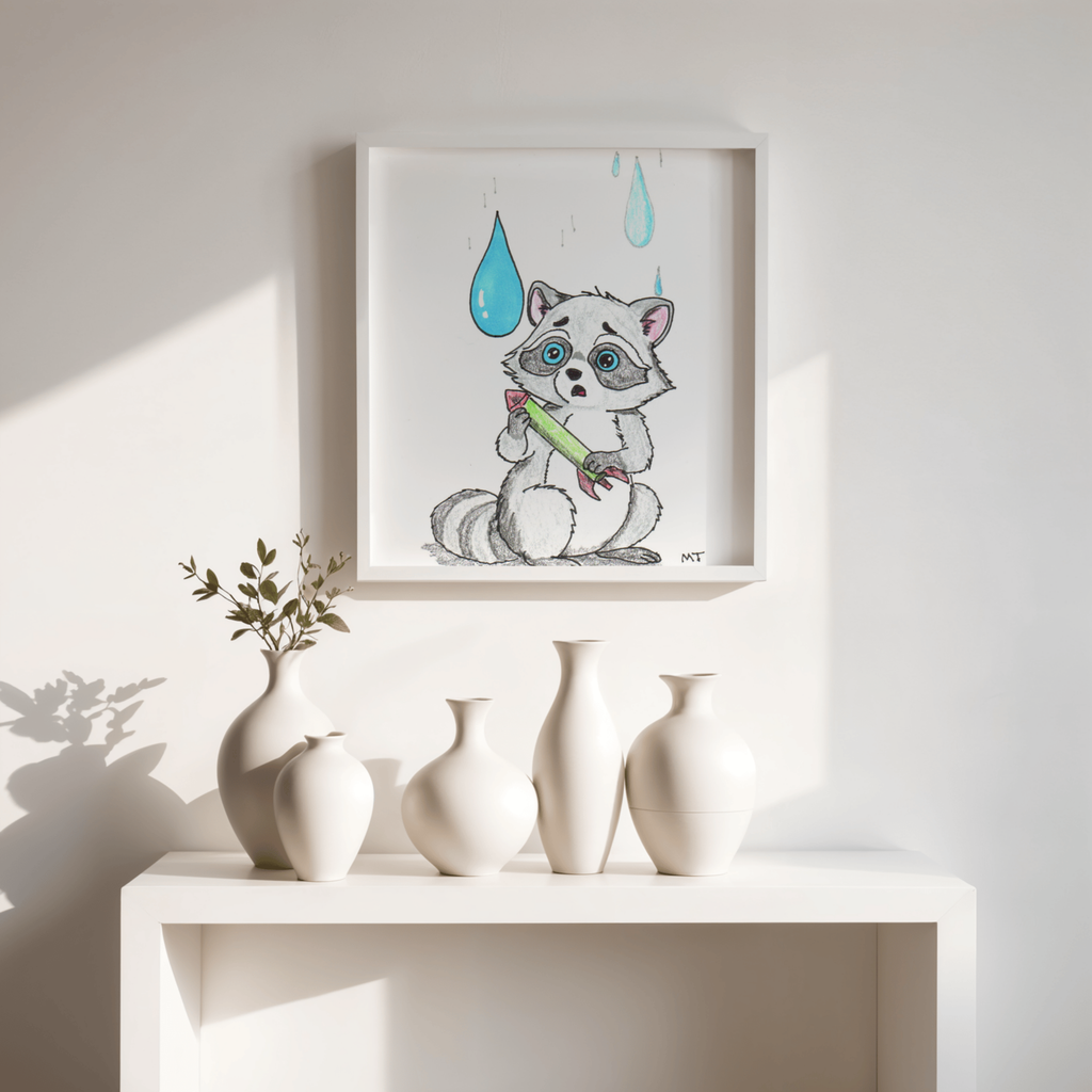 Lost Her Rocket Flame | Sad Raccoon Art Print | Hand Drawn Woodland Wall Decor