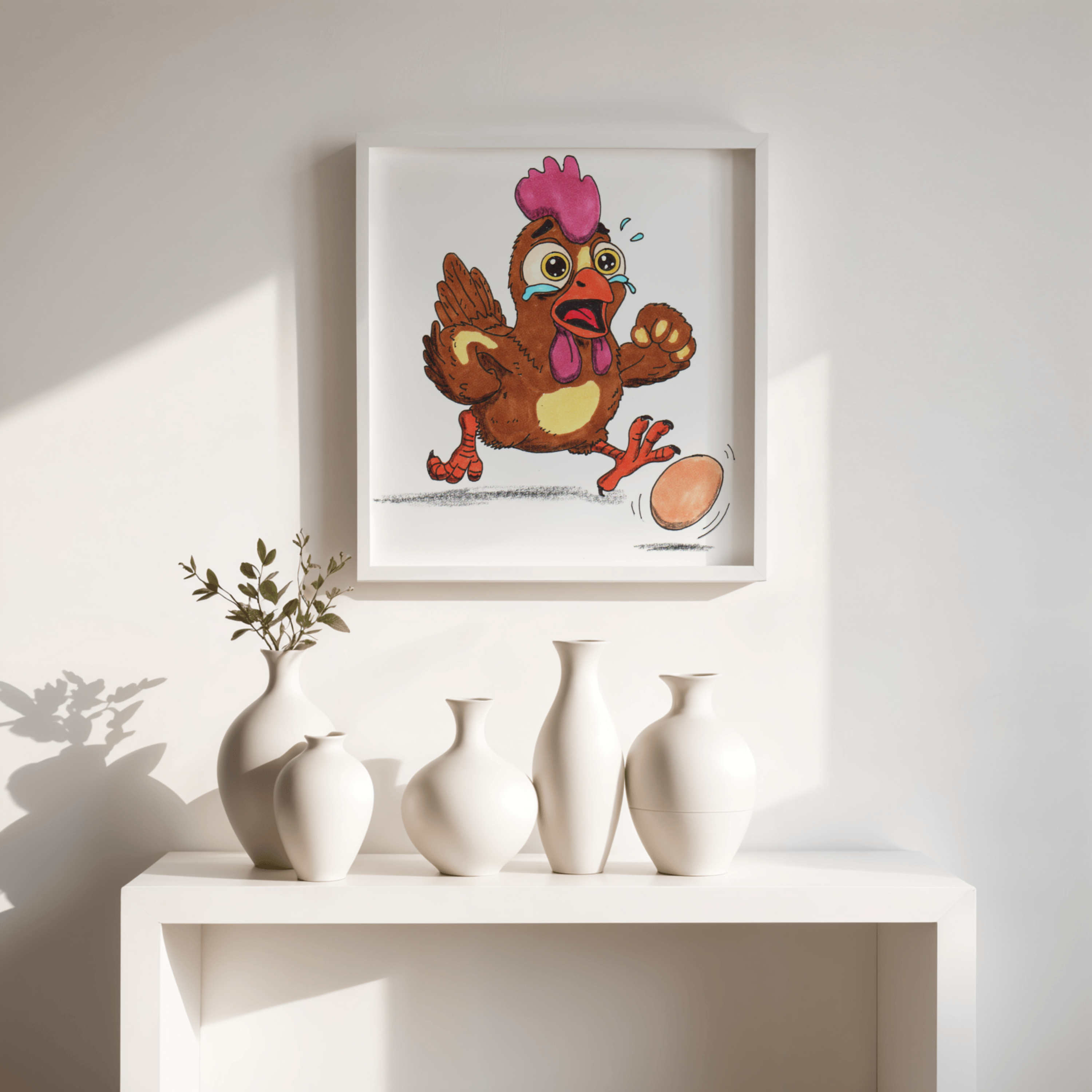 Rooster Lost the Egg Print, Funny Chicken Wall Art, Hand Drawn Farm Animal Illustration