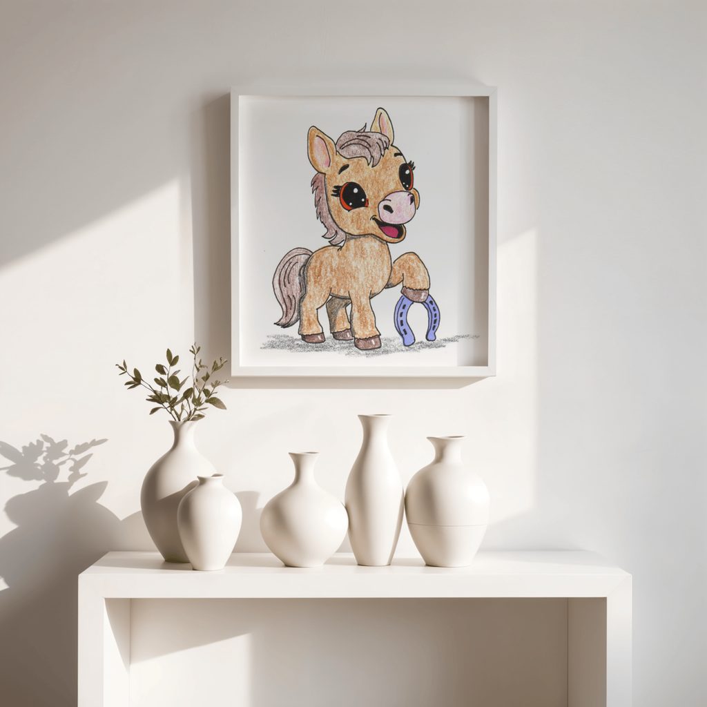 Horse Found Her Horseshoe Art Print | Hand Drawn Pony Nursery Wall Decor