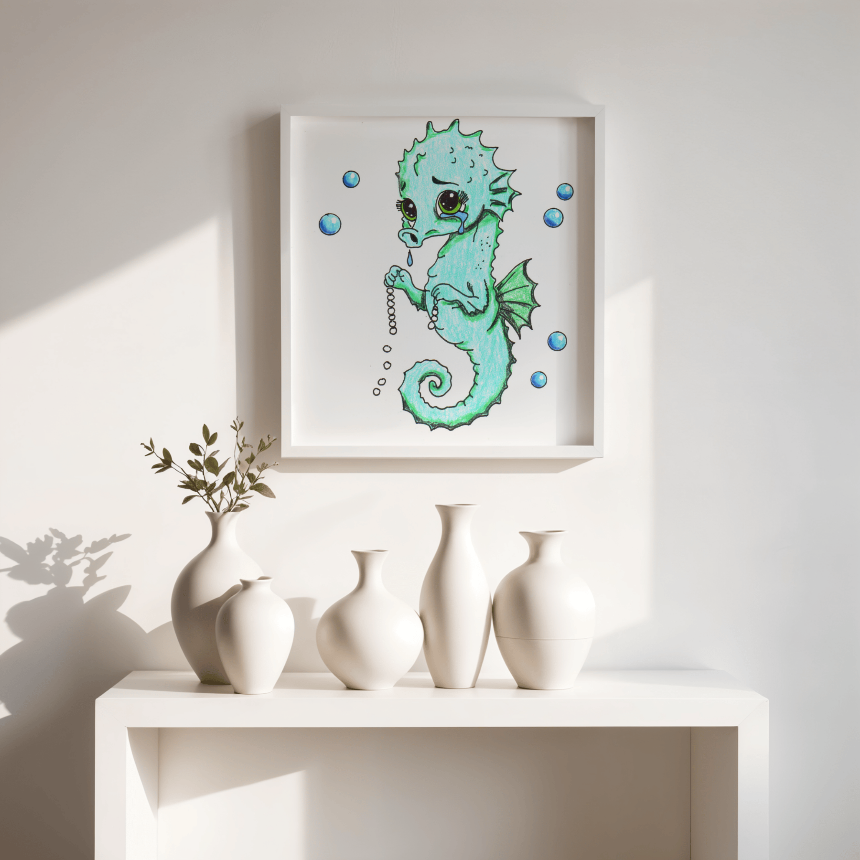 Lost Something Precious? Sad Seahorse Pearl Necklace Art Print | Cute Seahorse Gift