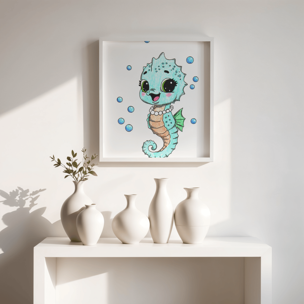 She Found Every Pearl! Seahorse Art Print | Hand-Drawn Seahorse Gift
