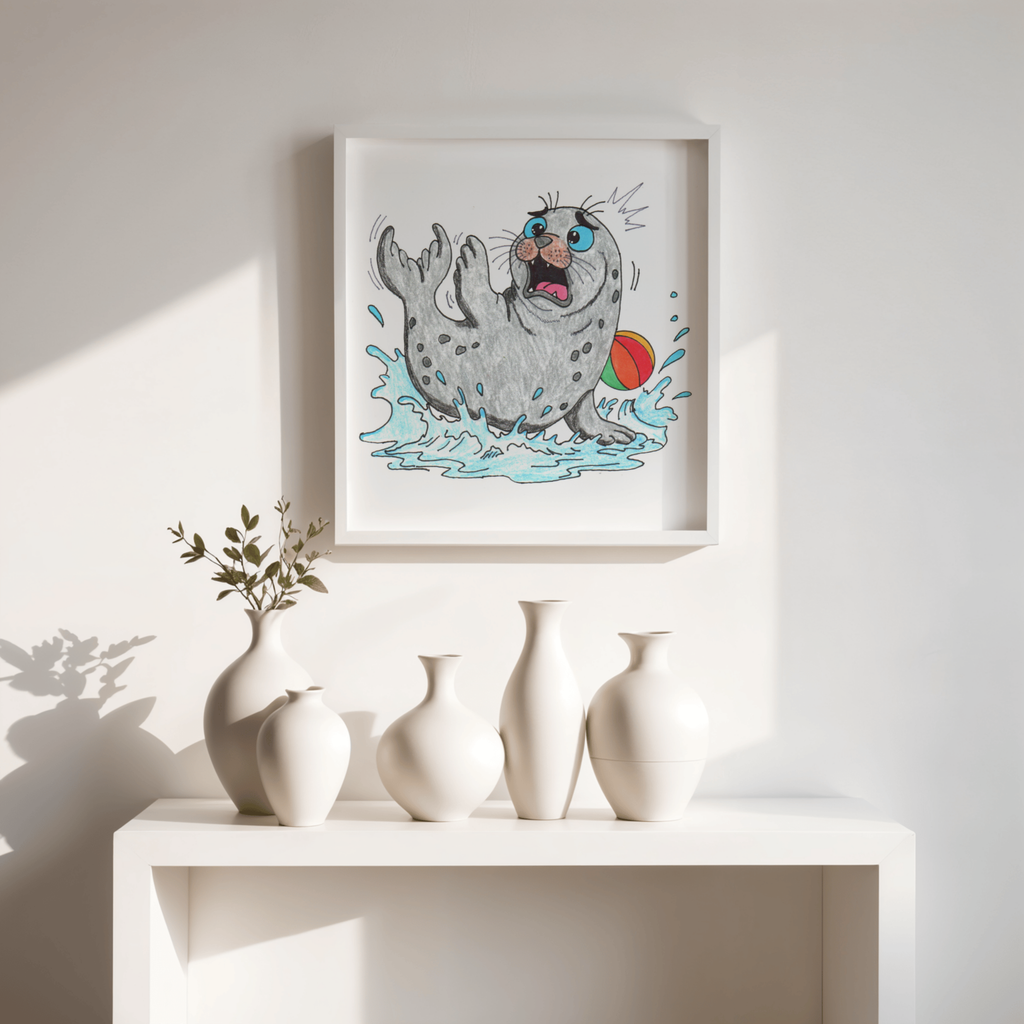 Seal Lost Her Beach Ball Print | Hand Drawn Ocean Animal Wall Art | Lost & Found Critter Illustration