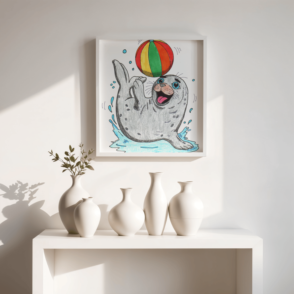 Seal Found Her Beach Ball Print | Hand Drawn Ocean Animal Wall Art | Happy Seal Illustration