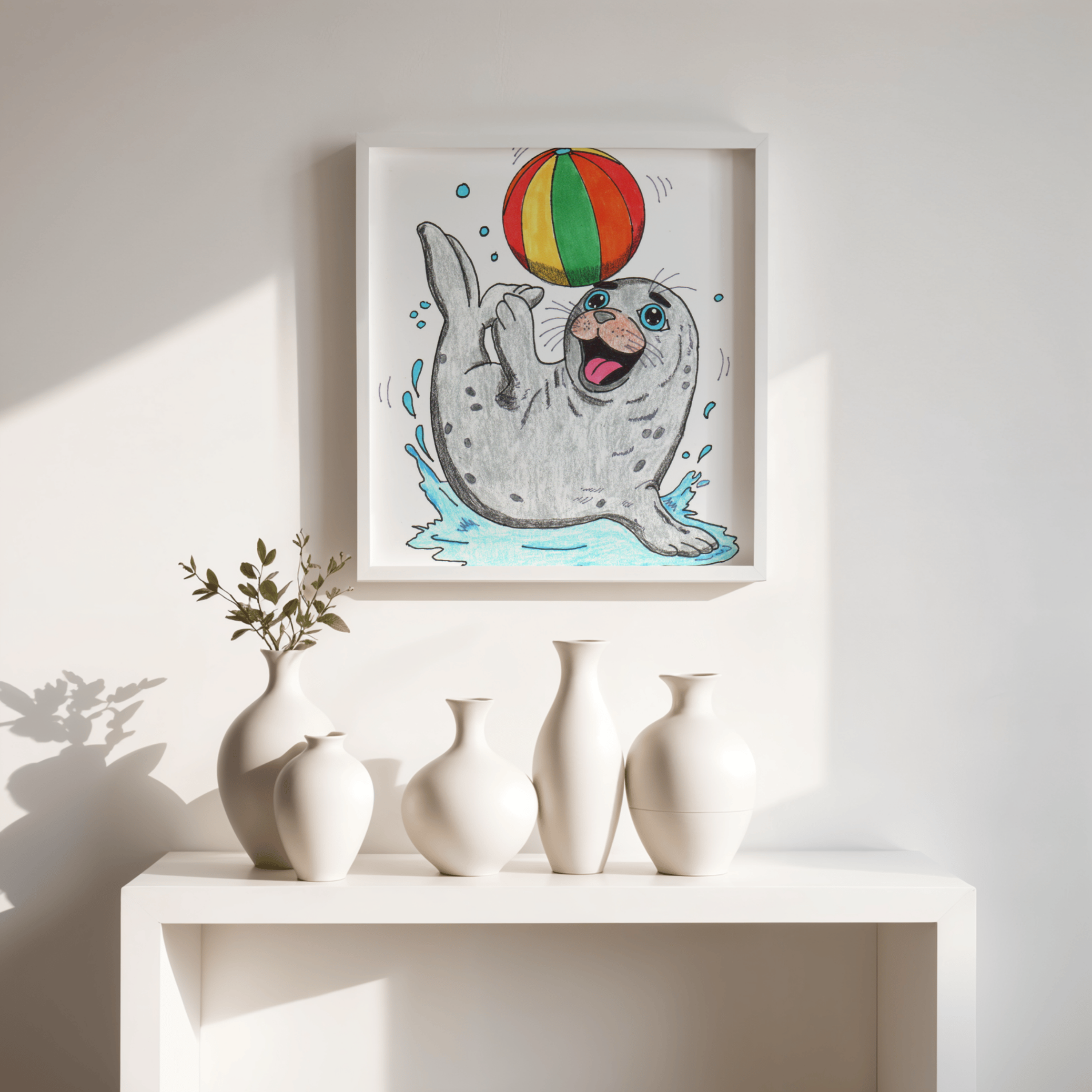 Seal Found Her Beach Ball Print | Hand Drawn Ocean Animal Wall Art | Happy Seal Illustration