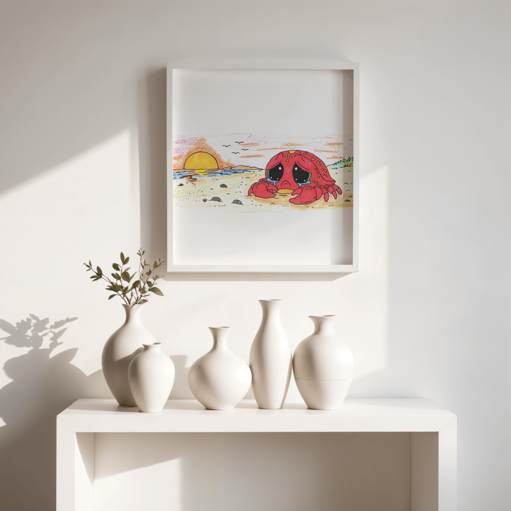 Crab - Sad Crab Searched all Day Print, Hand Drawn Crab Wall Art, Whimsical Nursery Decor, Woodland Animal Illustration
