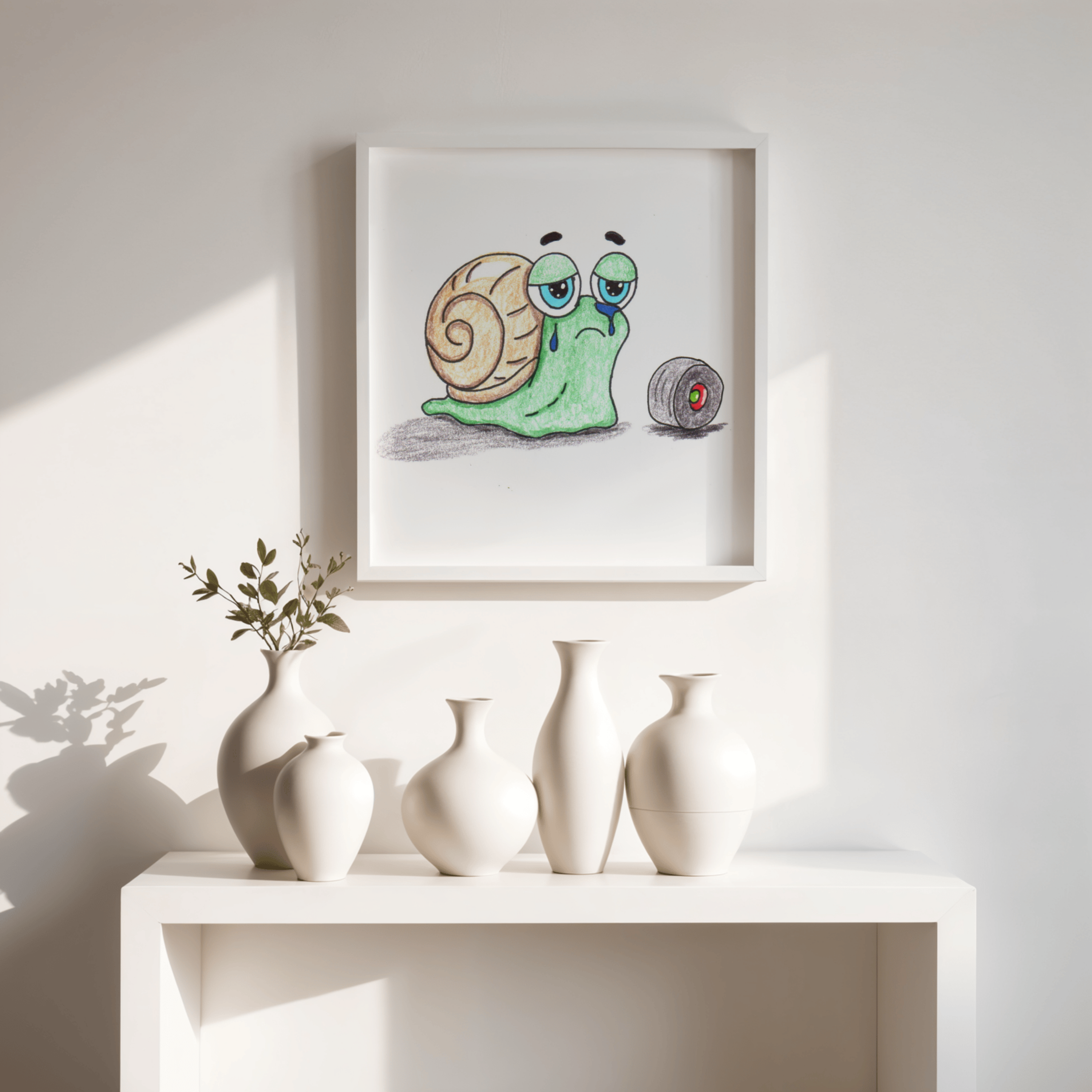 She Lost Her Wheel | Sad Snail Wall Art | Hand Drawn Lost & Found Critter Digital Download