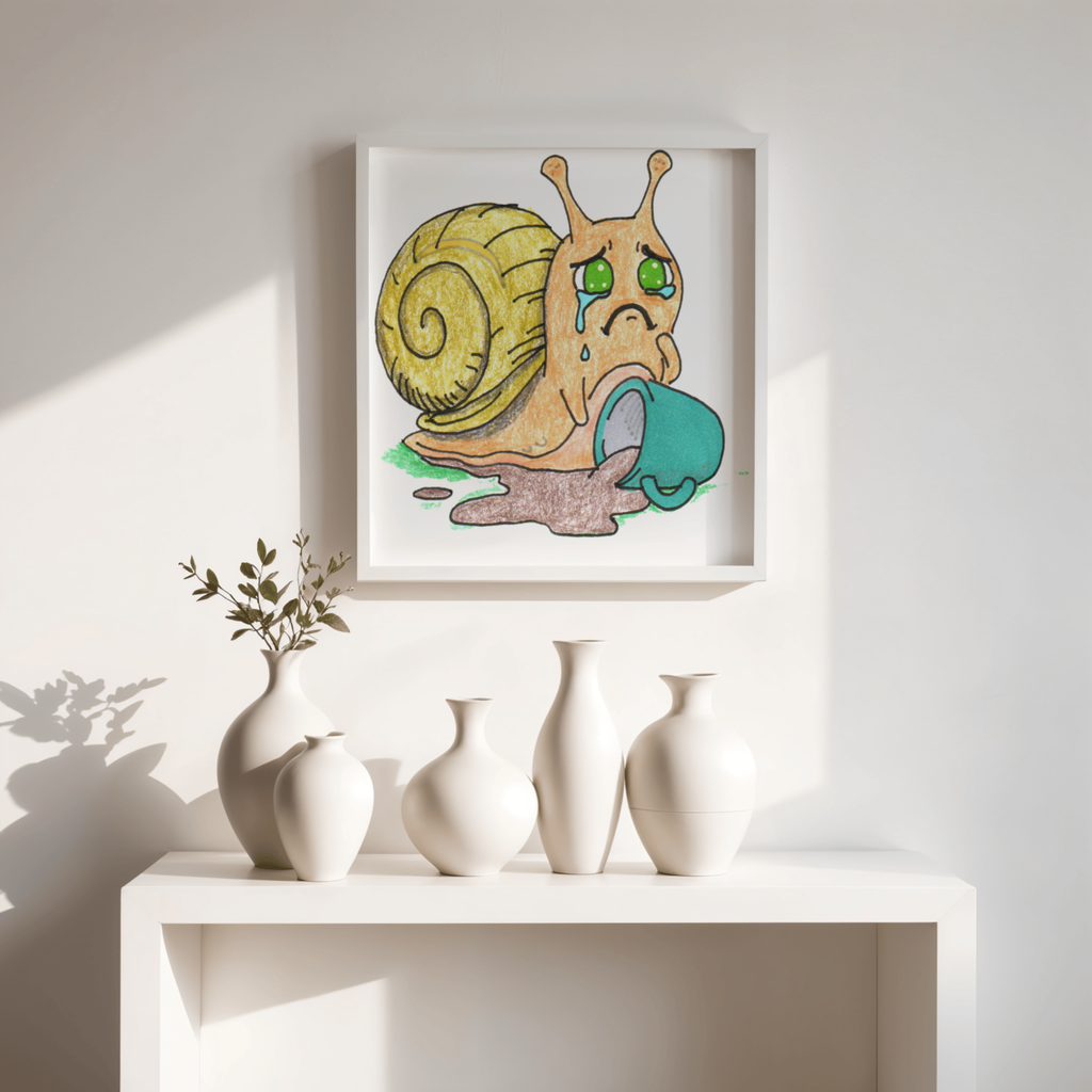 Sad Snail Spilled Her Coffee Wall Art Print | Hand Drawn Snail Print