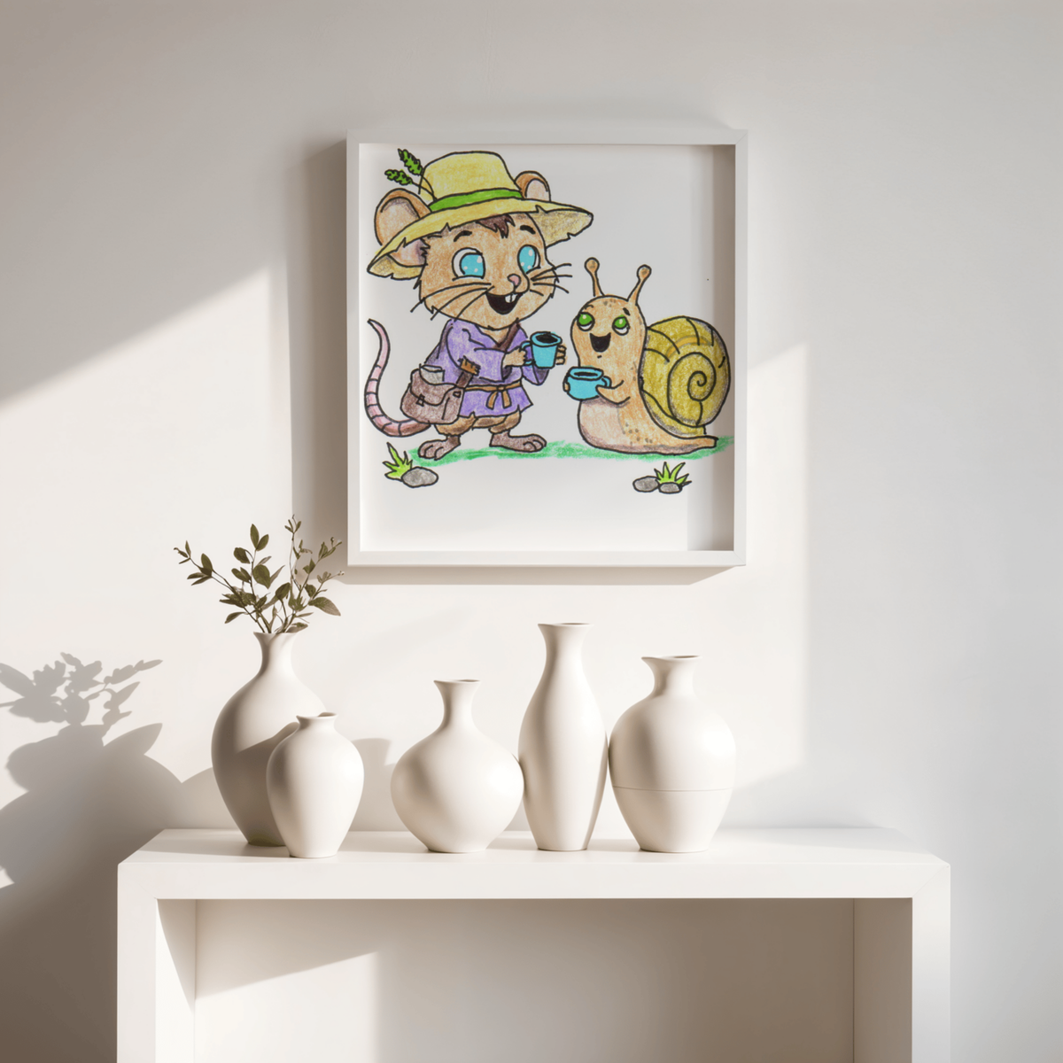 Mouse Brings Snail Coffee Printable Wall Art | Hand Drawn Friendship Print