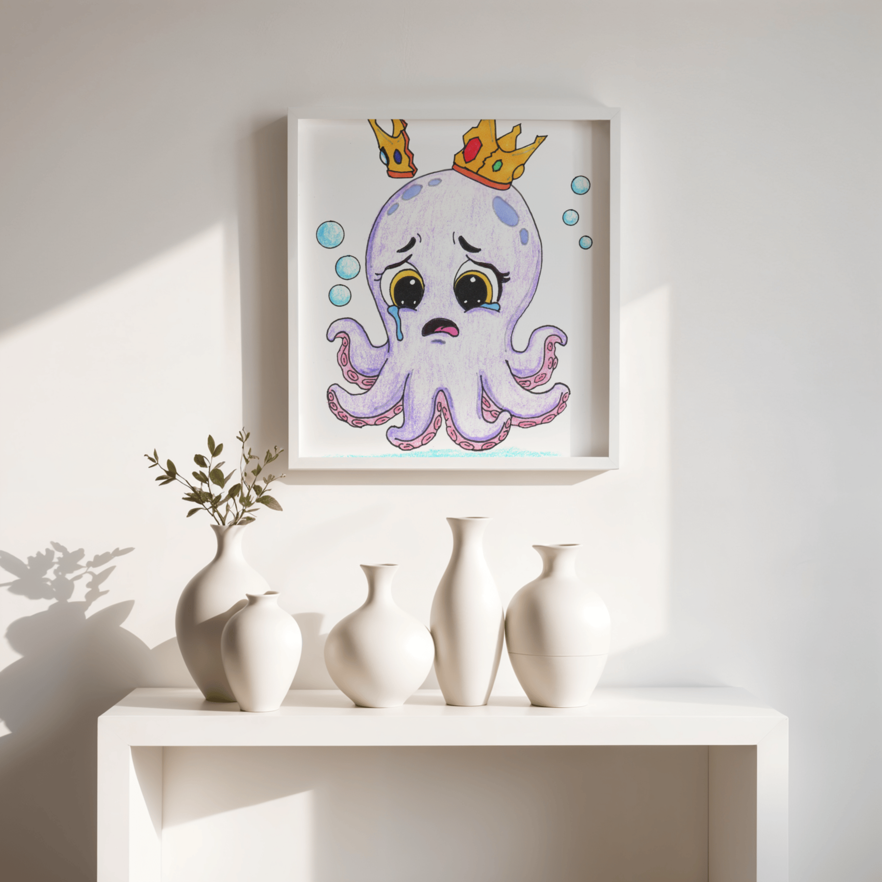 Sad Octopus Wall Art Print, Lost Her Crown, Cute Purple Octopus