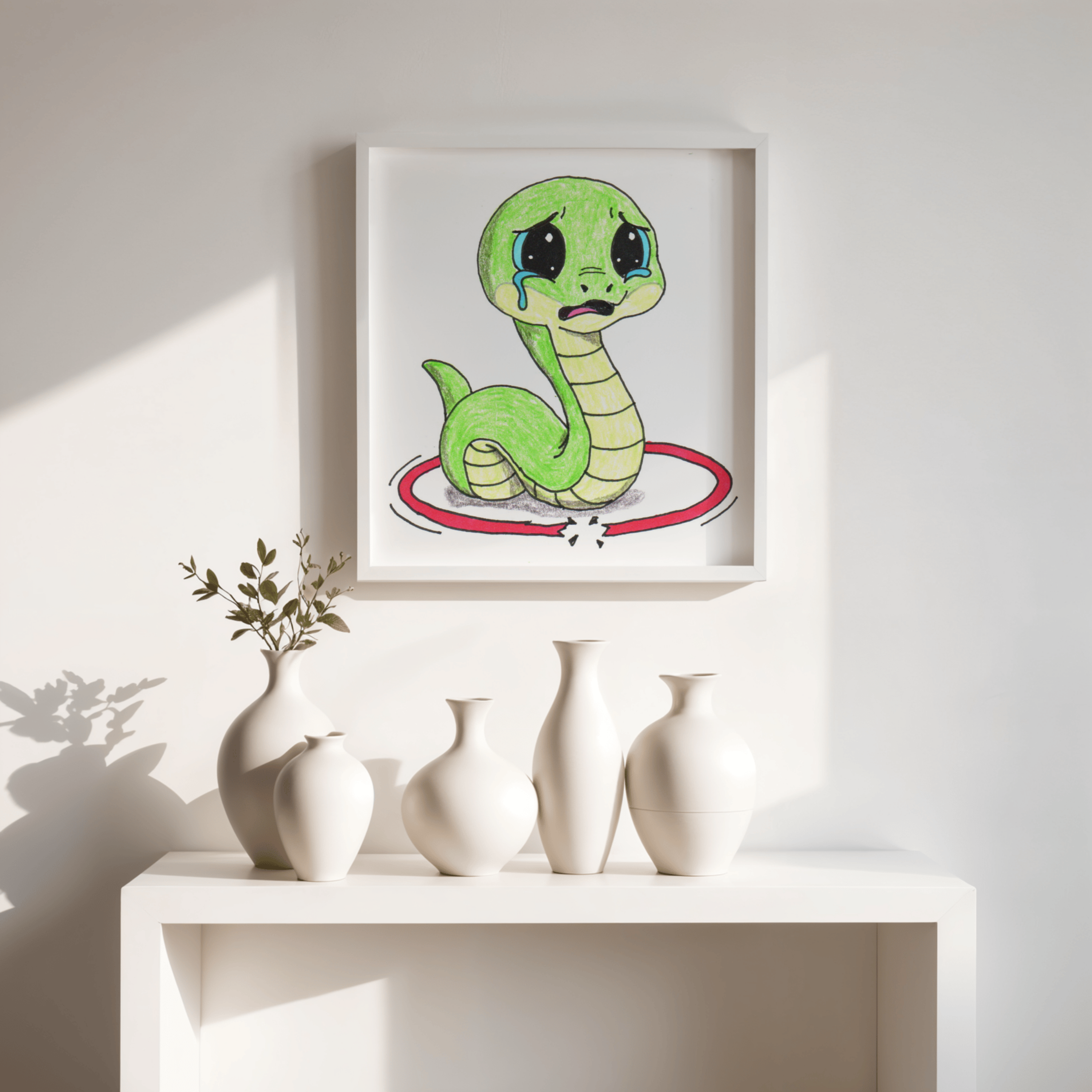 Snake Lost Her Hula Hoop | Hand Drawn Snake Art Print | Cute Sad Snake Wall Decor
