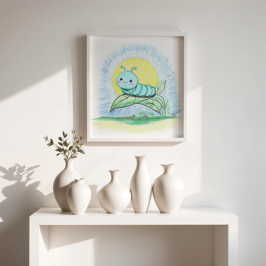 Bobbie the Smiling Inchworm Wall Art | Cute Caterpillar Nursery Print | Hand Drawn Garden Bug Art
