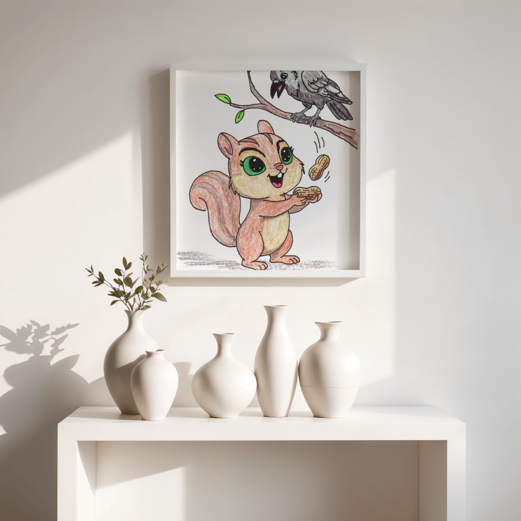 Happy Chipmunk and Crow Peanut Print | Woodland Animal Wall Art