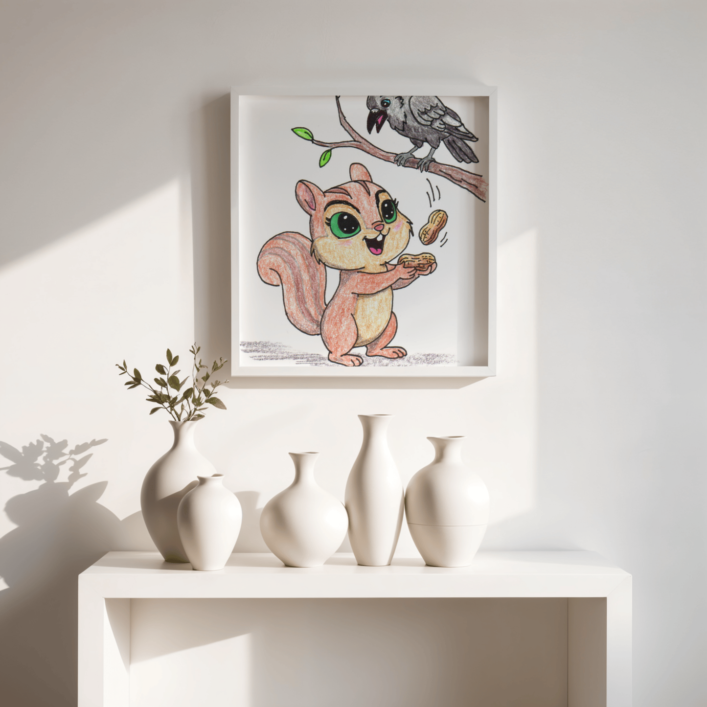 Happy Chipmunk and Crow Peanut Print | Woodland Animal Wall Art