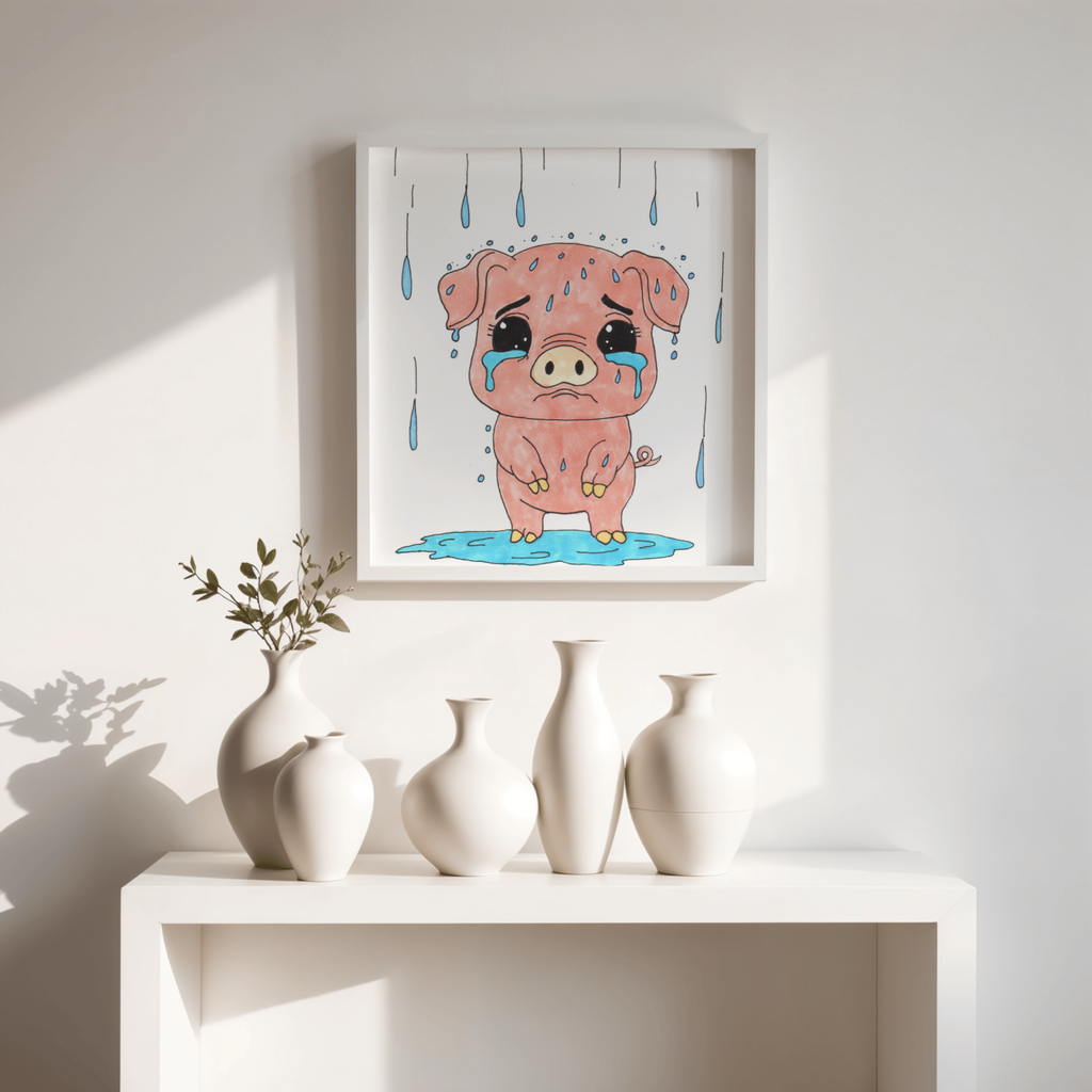Sad Penny Pig in the Rain Wall Art | Lost and Found Critters