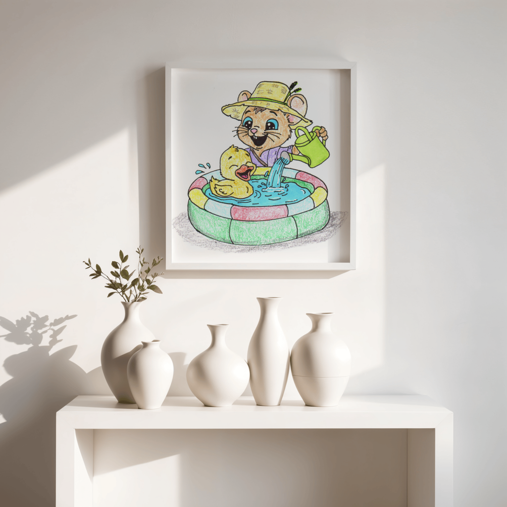 Duck Found Her Pond Print, Happy Duck Wall Art, Hand Drawn Animal Print